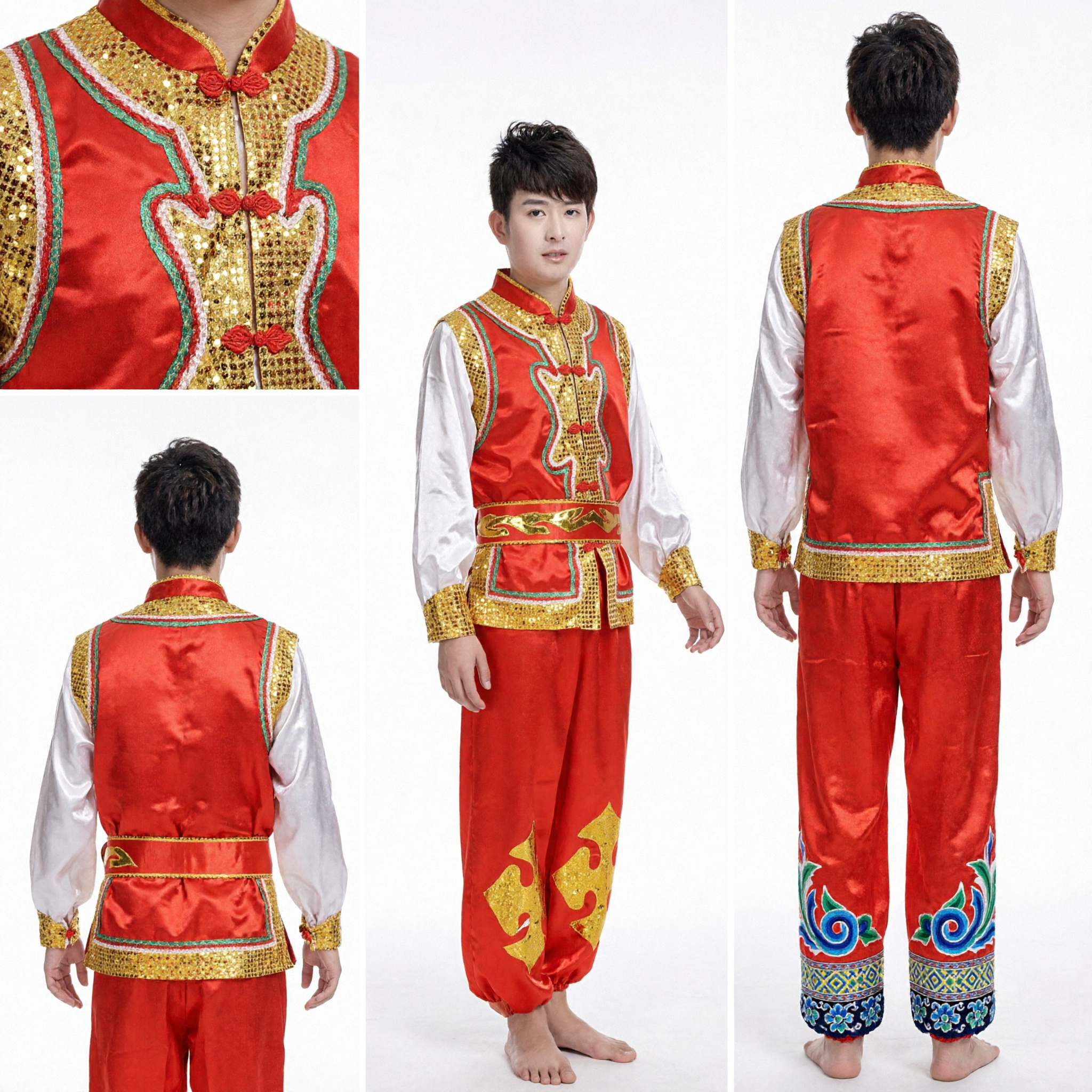 Traje de Dança Folclórica Tradicional Chinês Masculino Vermelho e Dourado para Performance de Yangge, Dragão e Leão - Asian Costume
