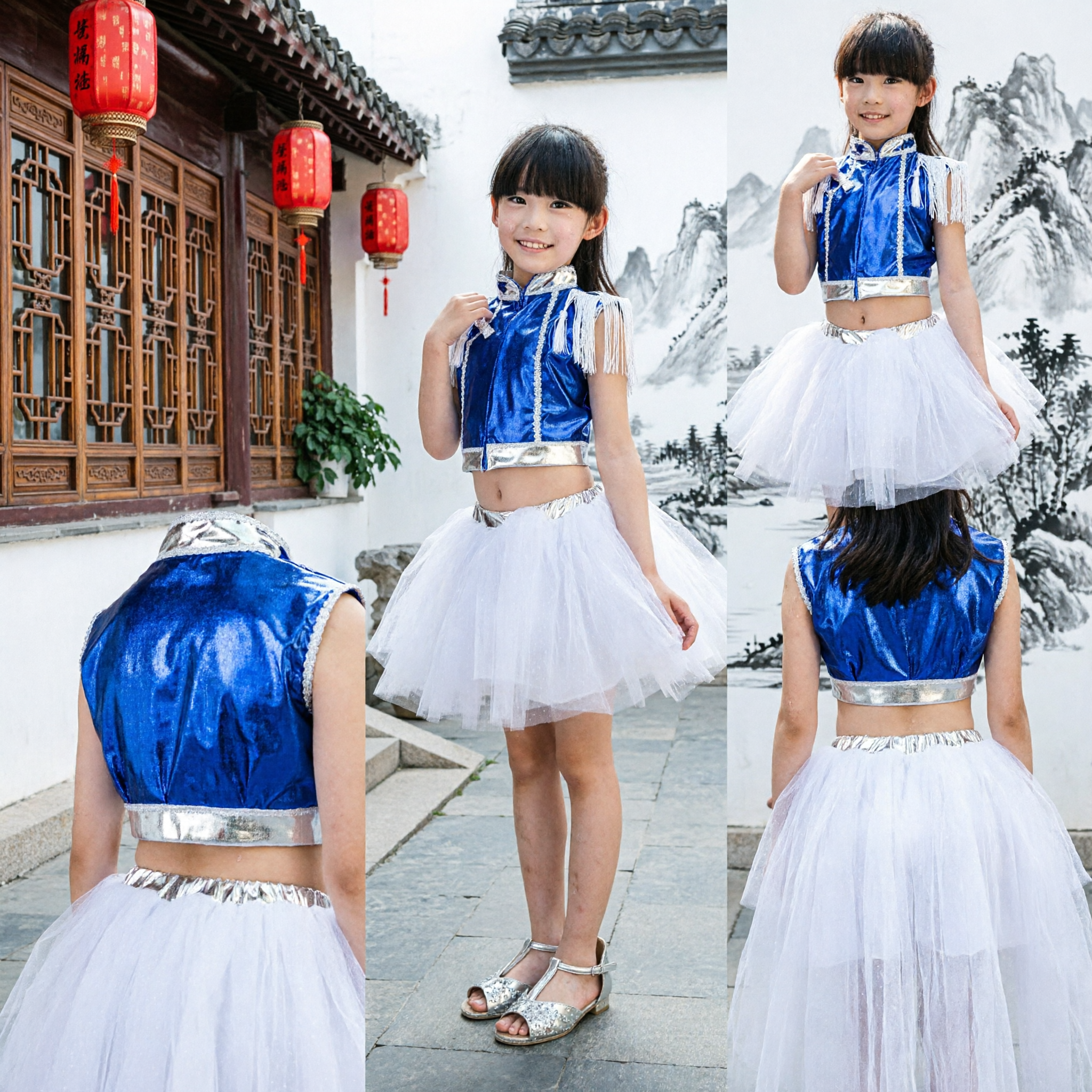 Costume de danse chinoise bleu pour filles, tenue de performance folklorique moderne avec jupe tutu blanche pour enfants - Asian Costume