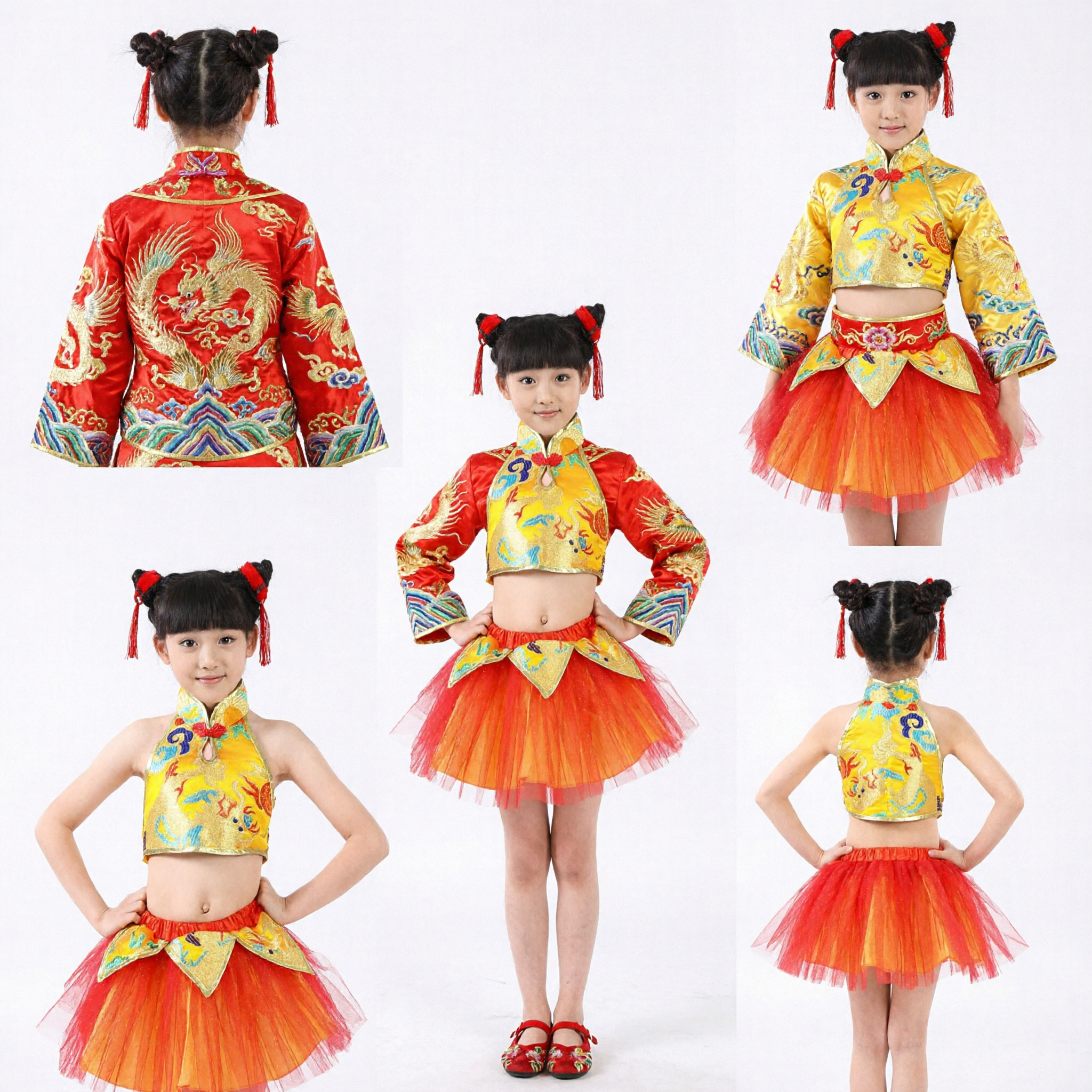 Costume da Danza Folk Cinese per Bambini Top Busto Ricamato Giallo con Gonna Tutu Rossa Abito da Spettacolo sul Palco per Ragazze - Asian Costume