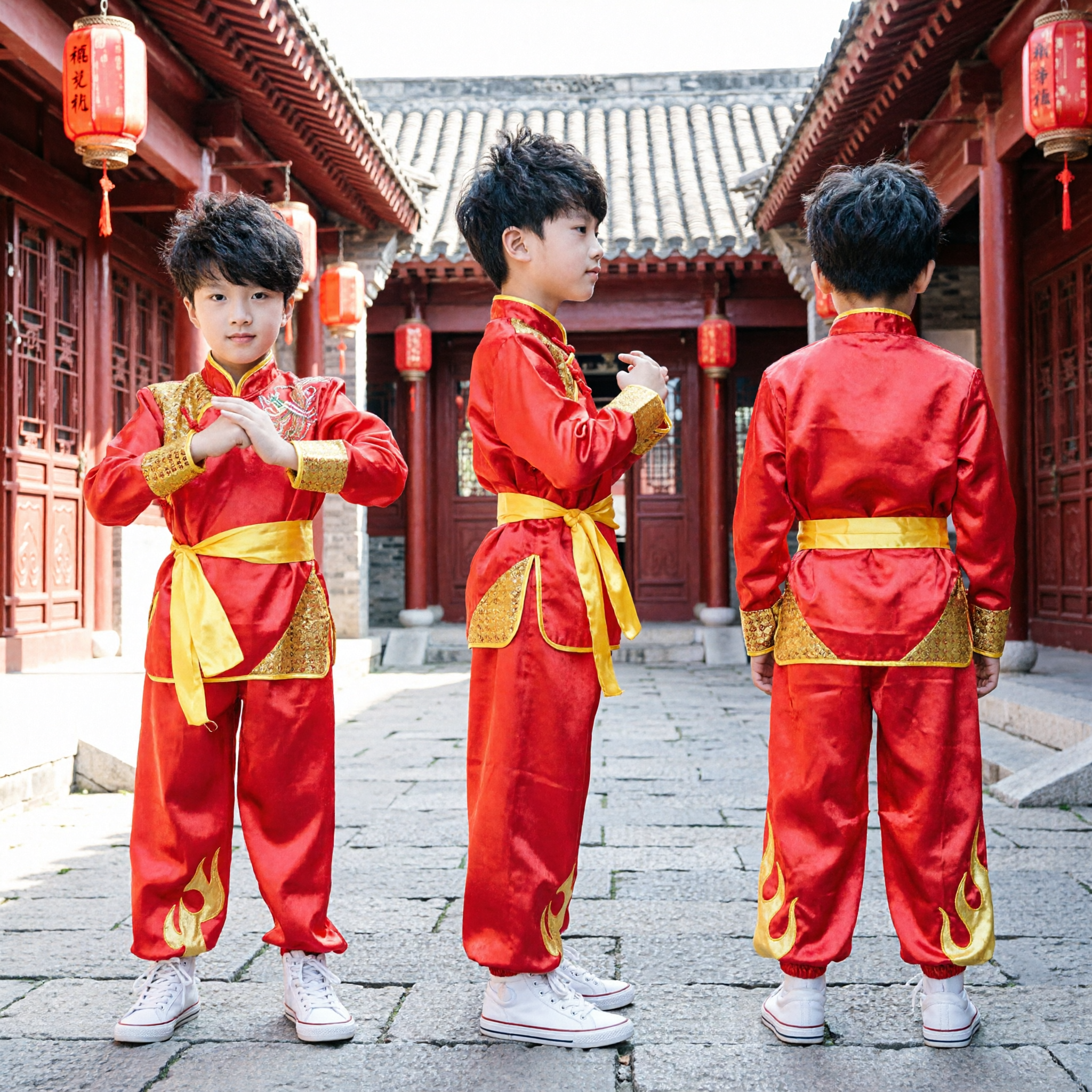Uniforme Tradicional de Kung Fu Chino para Niños, Traje Rojo y Dorado de Wushu para Exhibiciones de Artes Marciales - Asian Costume