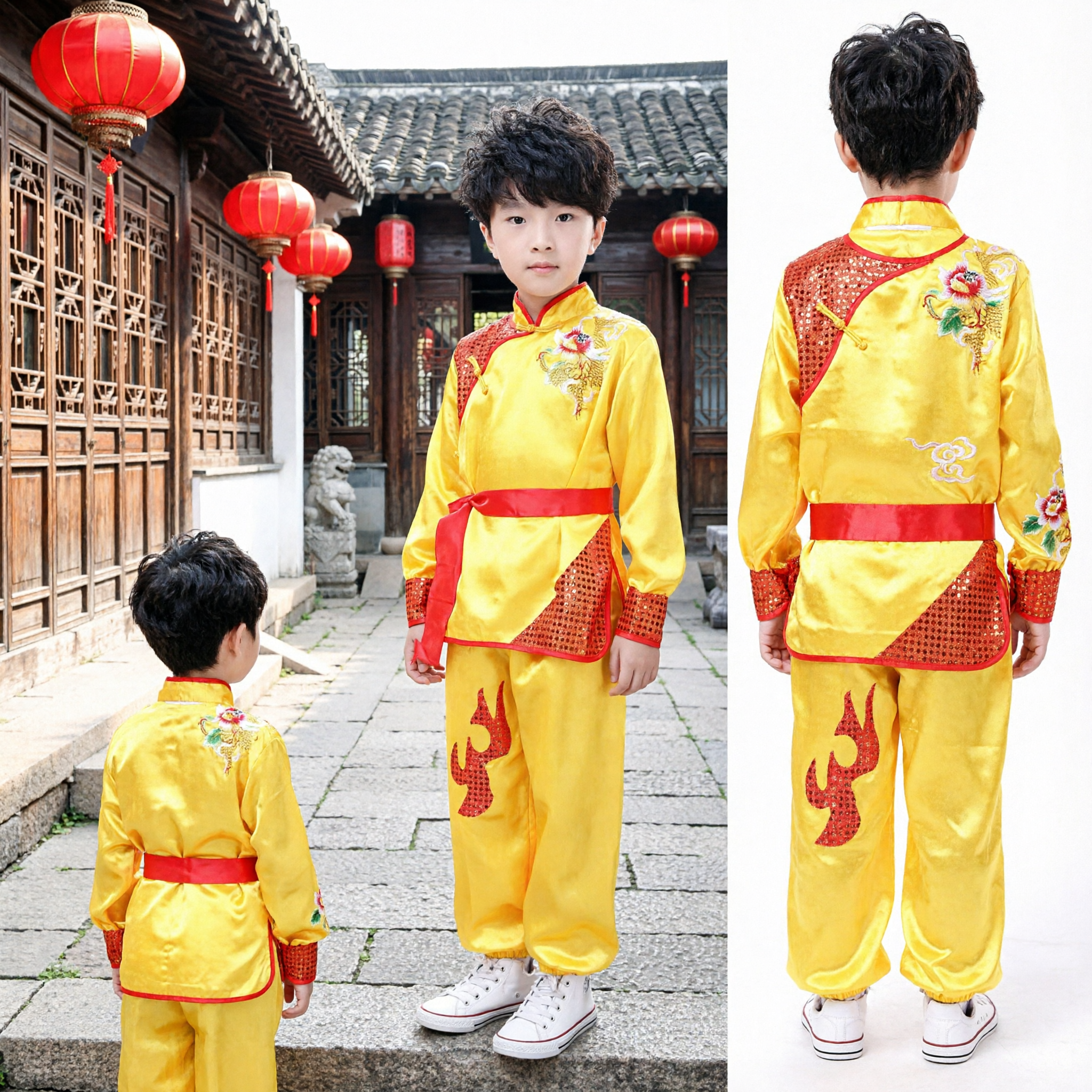 Traje Amarillo de Kung Fu Chino para Niños, Uniforme Tradicional de Danza del Dragón para Presentaciones de Artes Marciales - Asian Costume