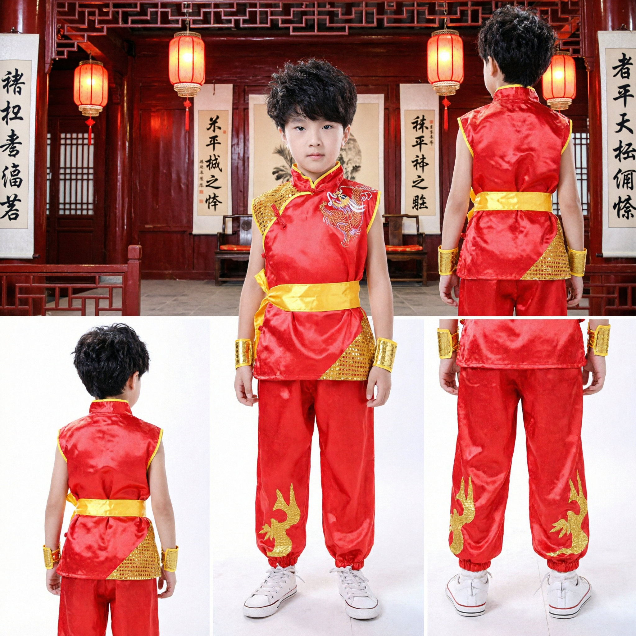 Traje Rojo Tradicional de Kung Fu Chino para Niños con Bordado de Dragón Dorado, Uniforme de Artes Marciales - Asian Costume