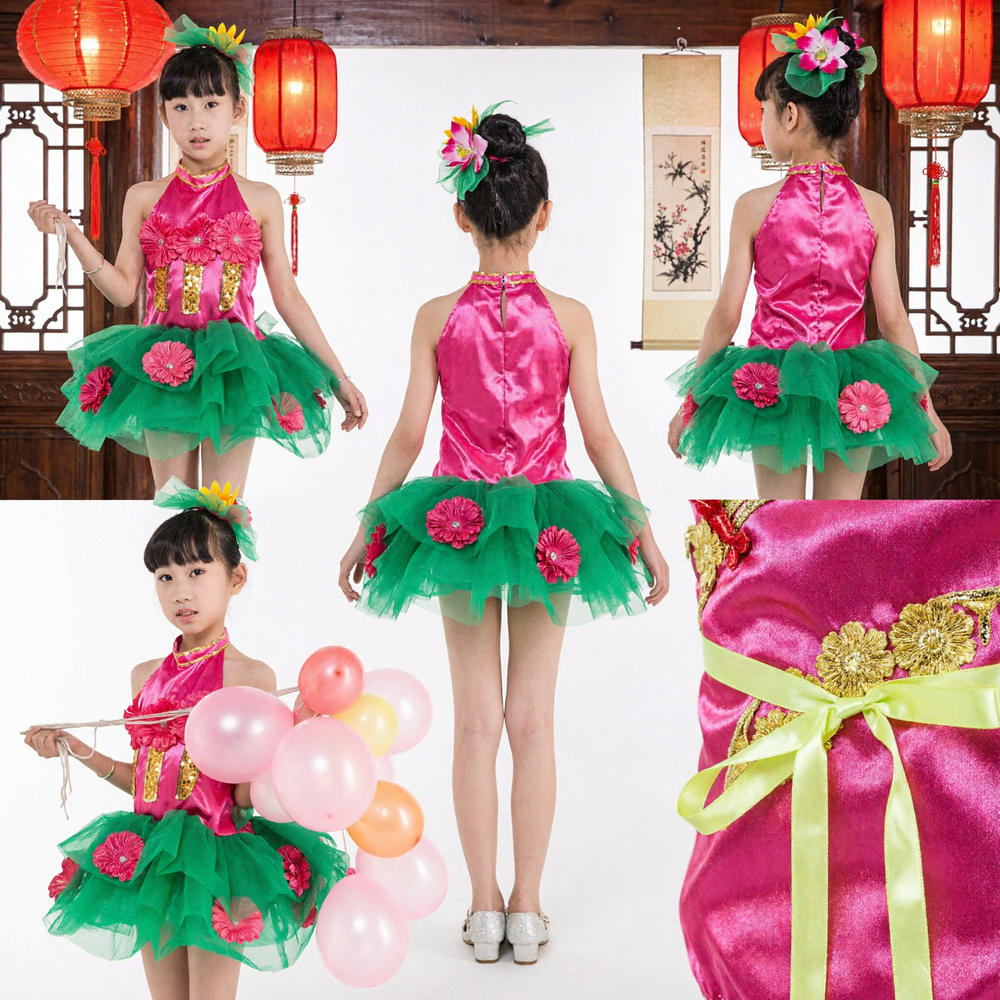 Girl's Traditional Chinese Lotus Dance Costume Pink Green Tutu Dress for Stage Performance - Asian Costume