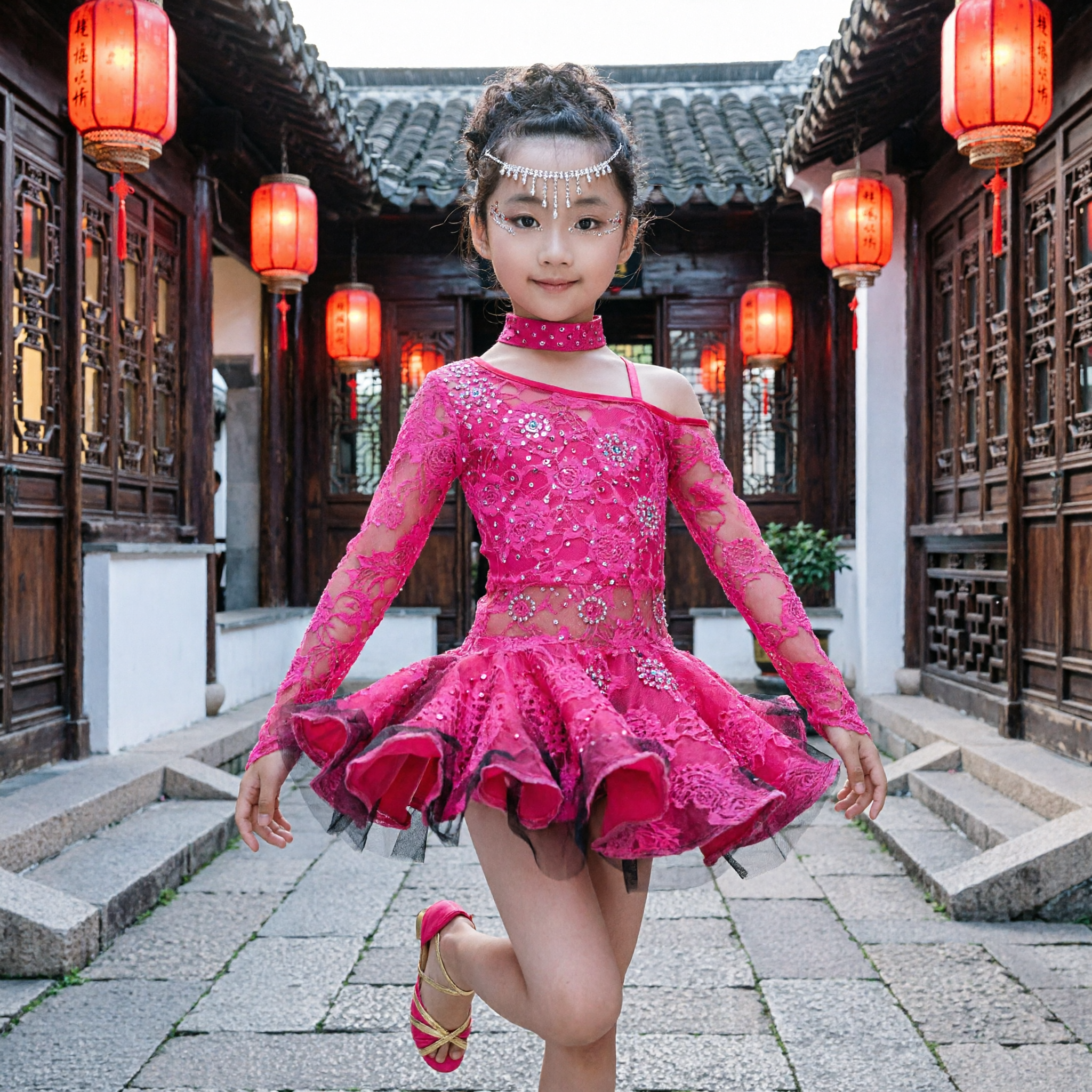 어린이 여아용 라틴 댄스 드레스 분홍색 라이네스톤 볼룸 대회 의상 (주름 스커트 공연복) - Asian Costume