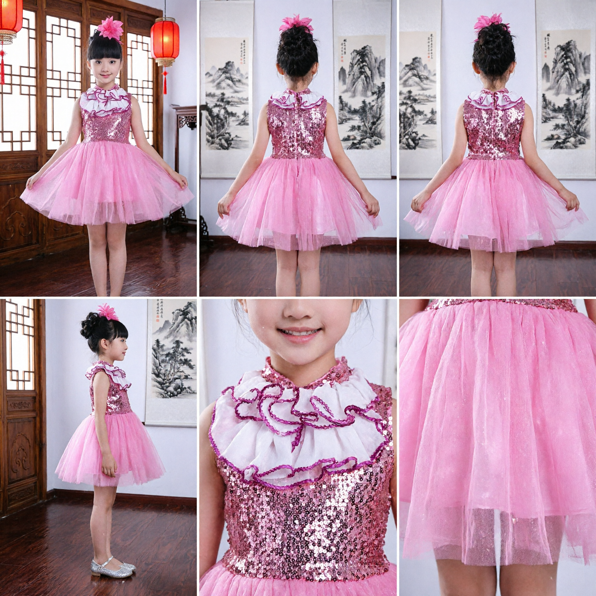 Robe de performance rose à paillettes pour filles avec jupe tulle pour chant, animation et danse sur scène - Asian Costume