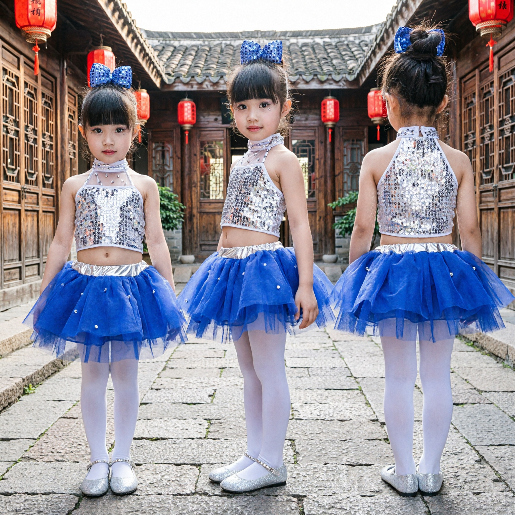 Girls Blue Sequin Tutu Dance Costume Modern Jazz Cheerleader Performance Stage Outfit for Kids - Asian Costume