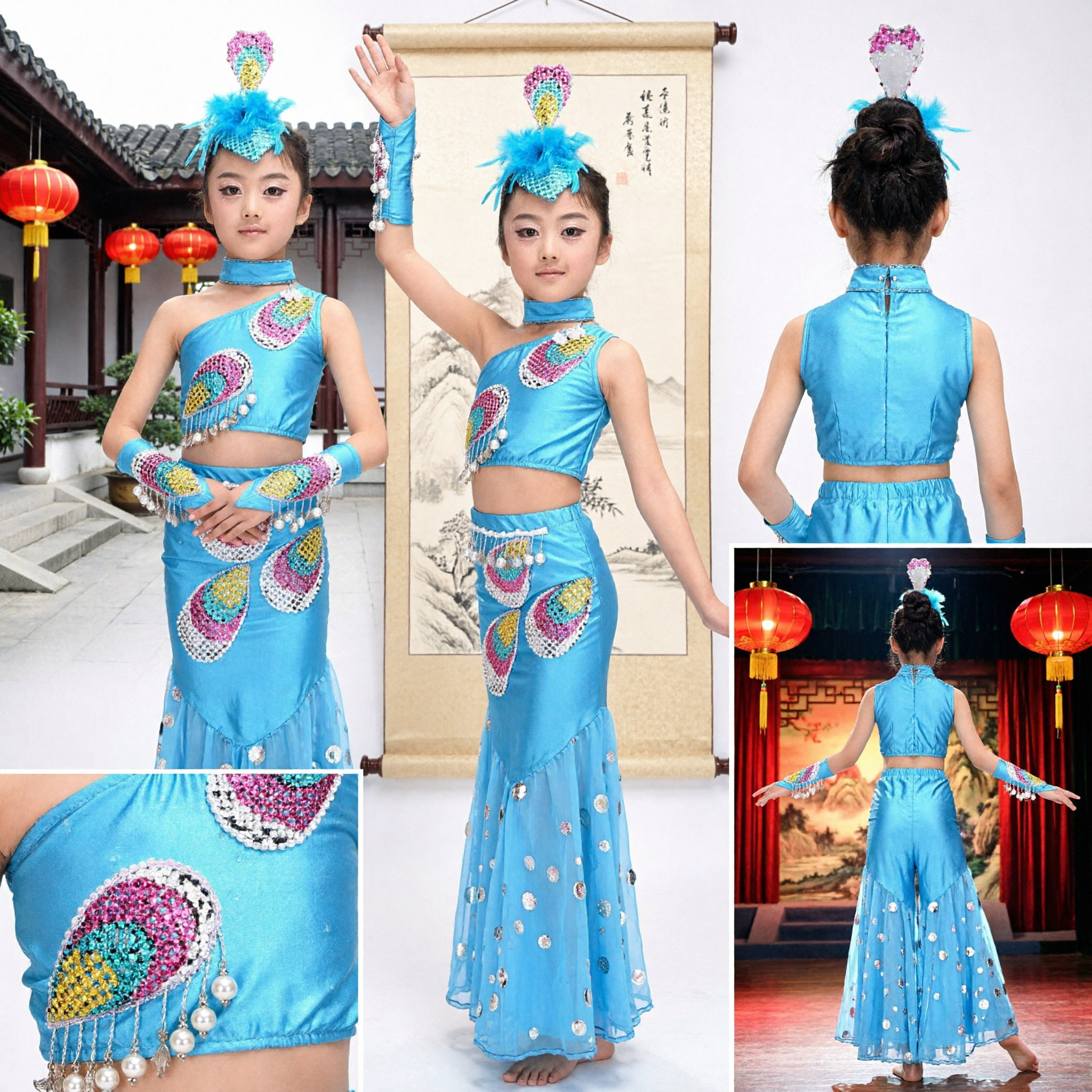 Traje de Dança do Pavão Azul para Meninas Traje Tradicional de Dança Folclórica da Etnia Dai Chinesa para Performance no Palco - Asian Costume