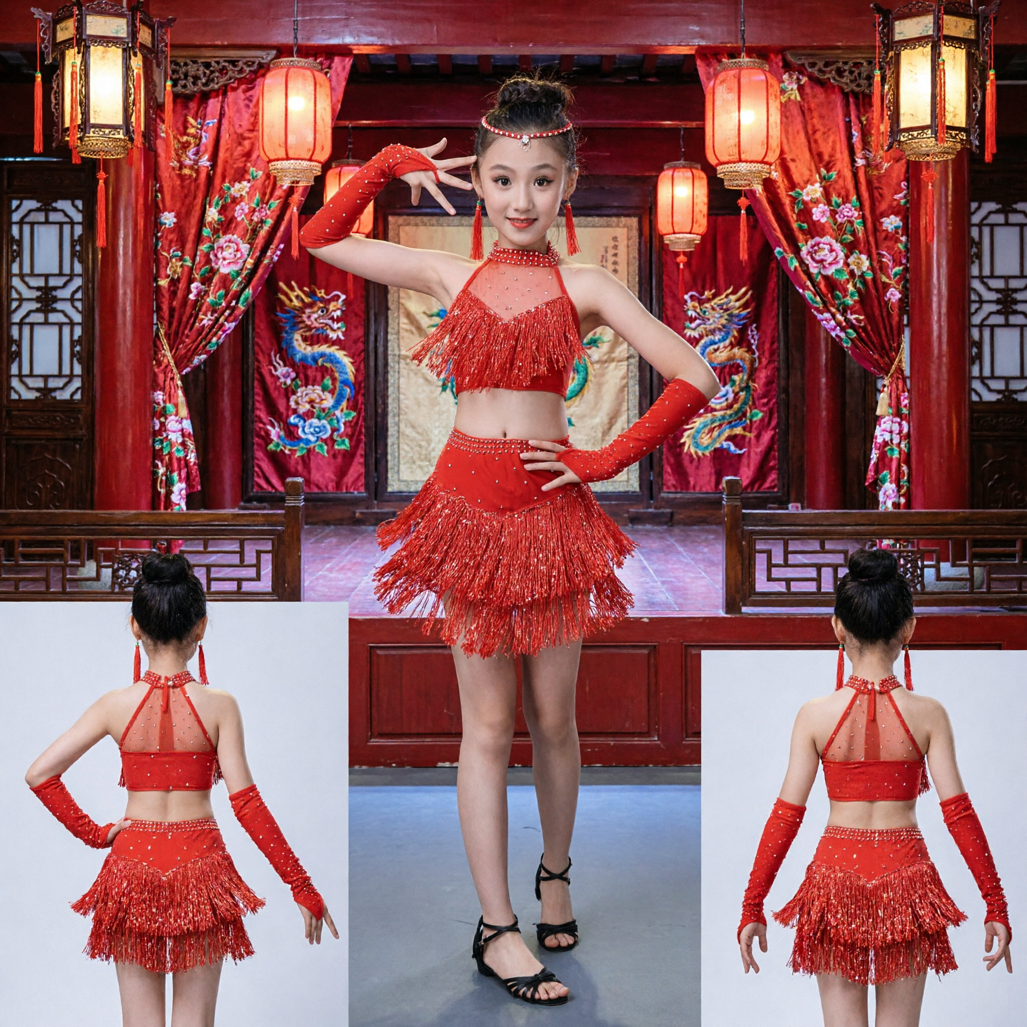Rotes Lateintanzkostüm für Mädchen Fransen-Zweiteiler-Set Ballroom-Aufführungsoutfit für Kinderwettbewerb - Asian Costume