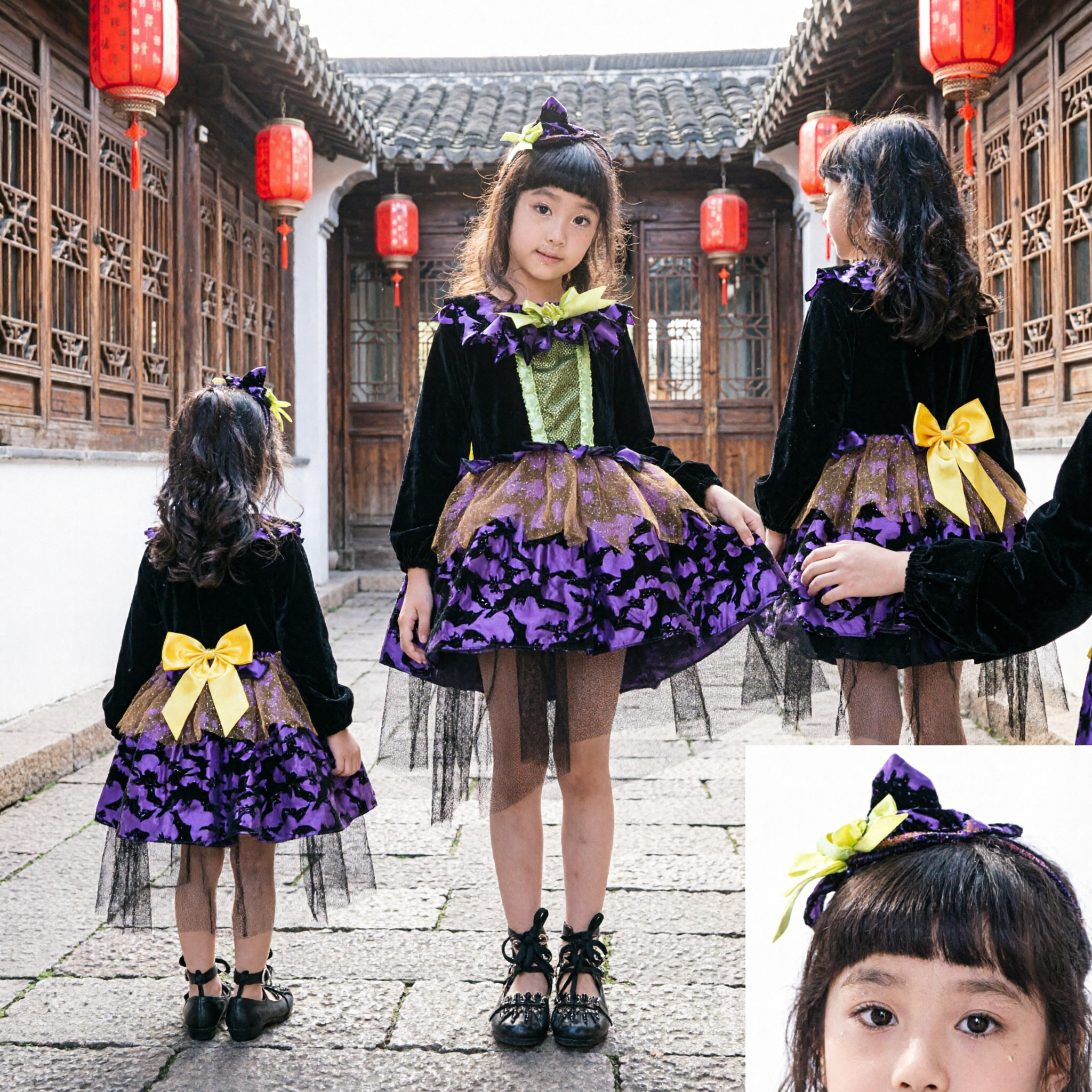 Traje Mágico de Bruxa de Halloween para Meninas Vestido Tutu Roxo com Estampa de Morcego Fantasia para Festa de Cosplay - Asian Costume