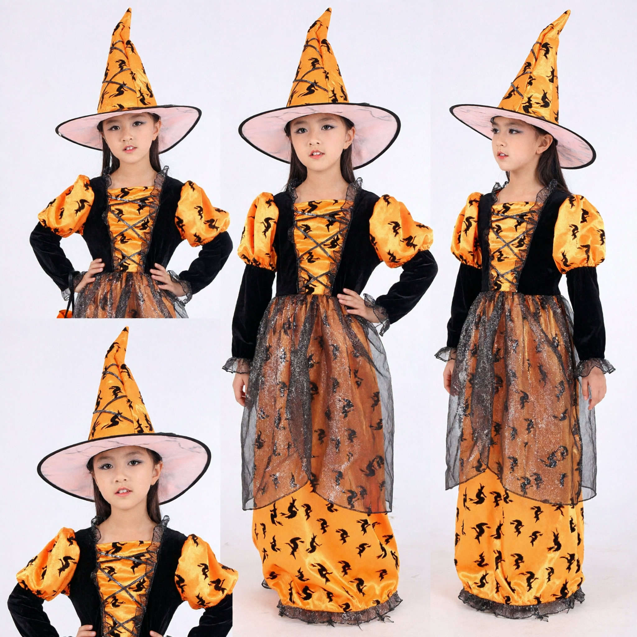 Costume per Bambine da Strega di Halloween Abito Arancione e Nero con Cappello a Punta per Festa Cosplay - Asian Costume