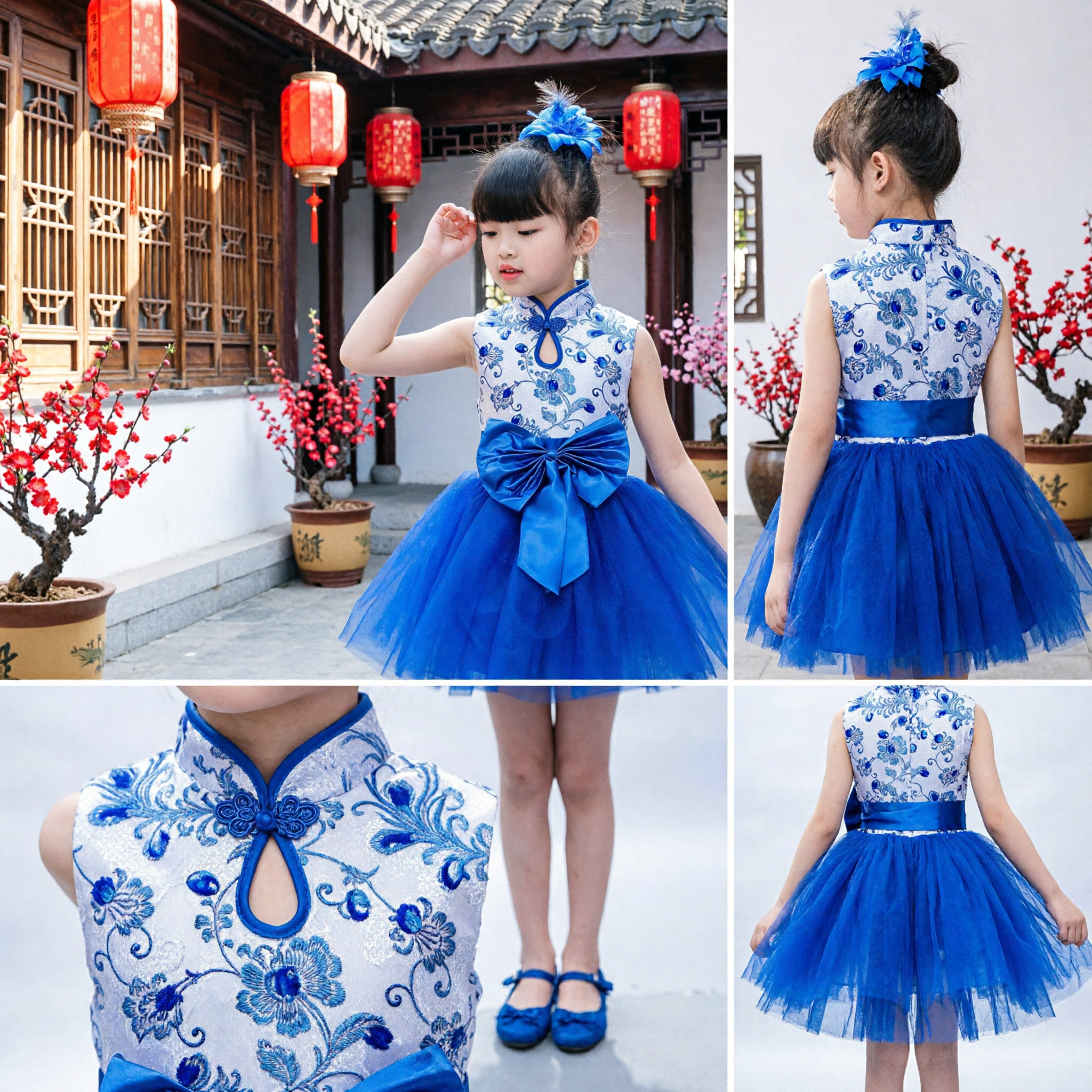 Vestido Cheongsam Chinês Azul Royal com Tutu para Meninas Top com Bordado Floral Traje para Festa e Performance - Asian Costume
