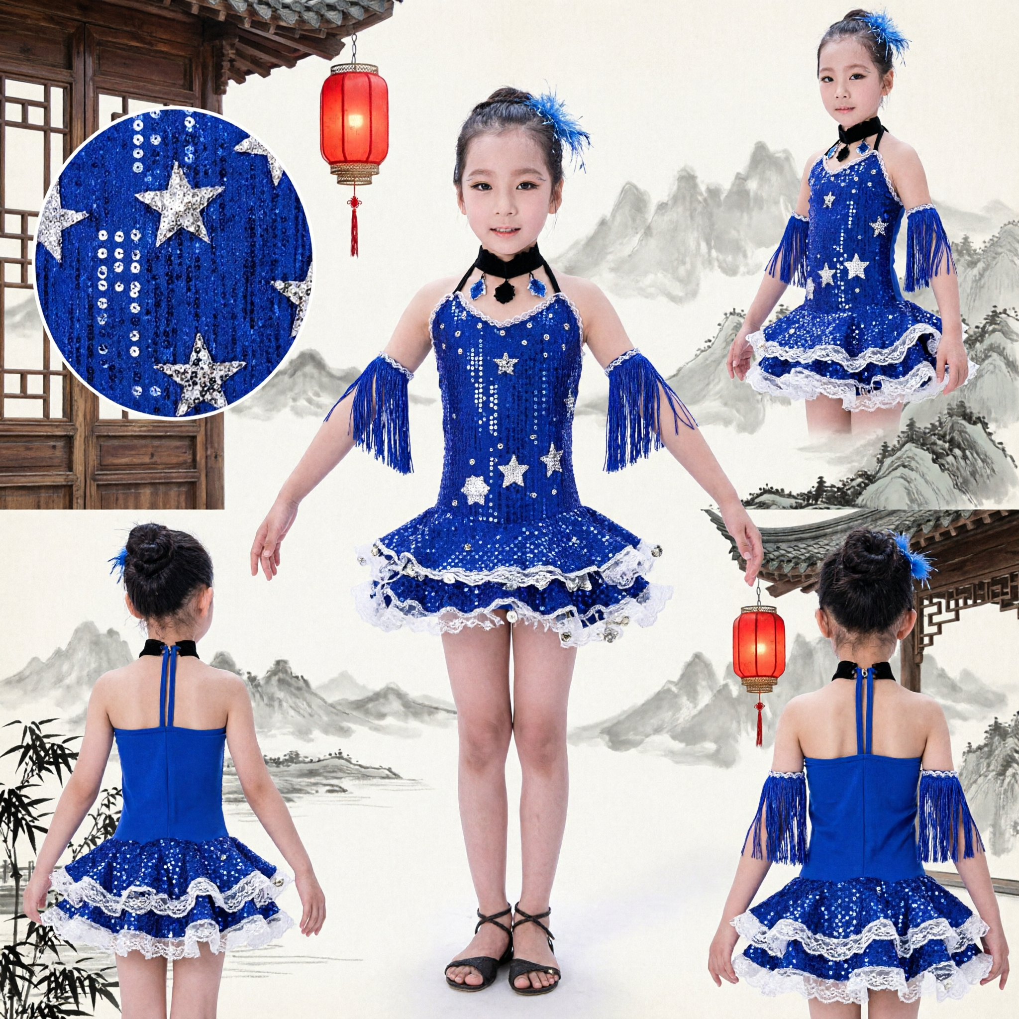Vestido de Baile Latino Azul para Niñas, Traje de Baile de Salón Infantil con Mangas de Flecos y Lentejuelas y Volantes - Asian Costume
