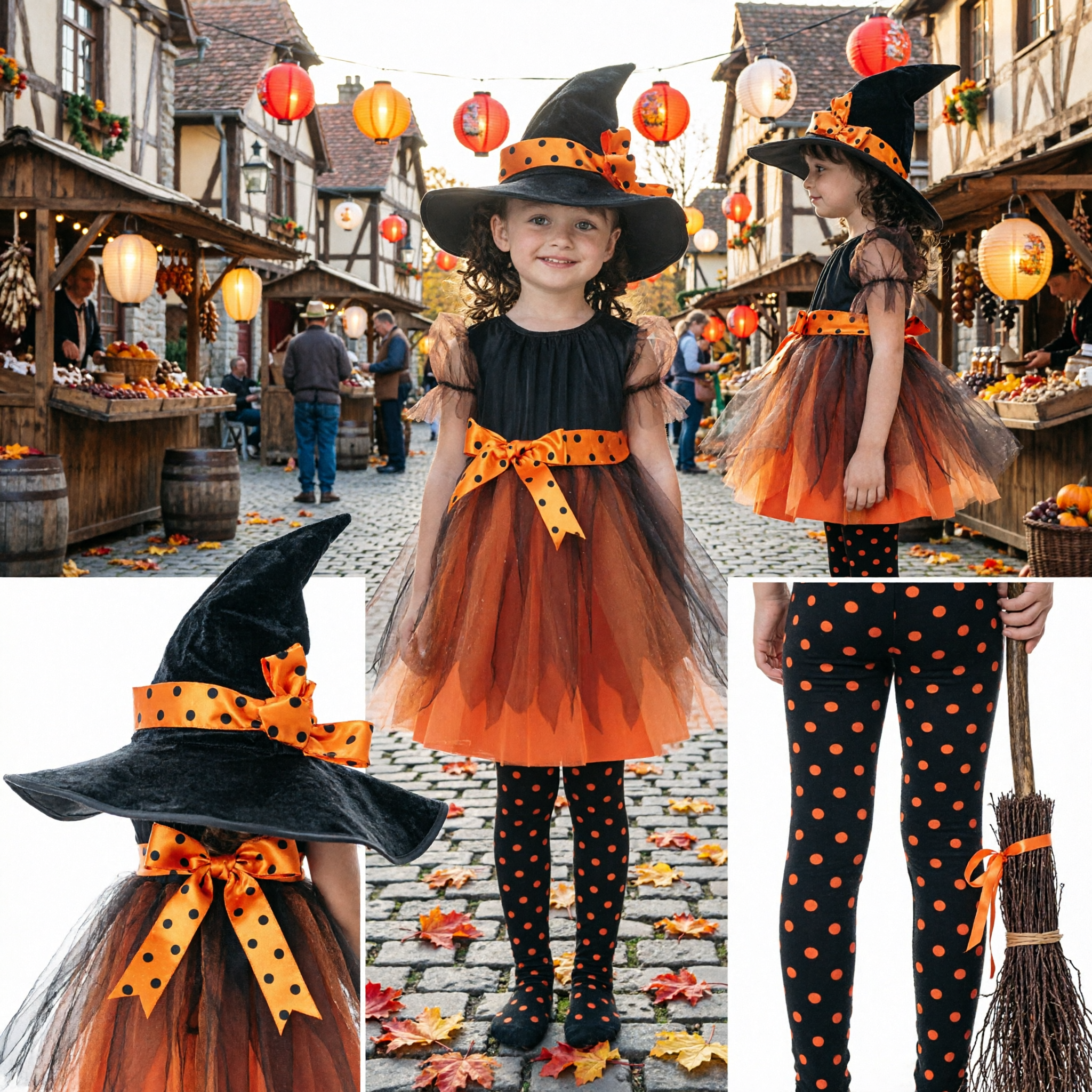 Disfraz de Bruja para Niñas, Vestido de Halloween con Falda de Tul, Sombrero y Escoba para Fiestas Infantiles de Truco o Trato - Asian Costume