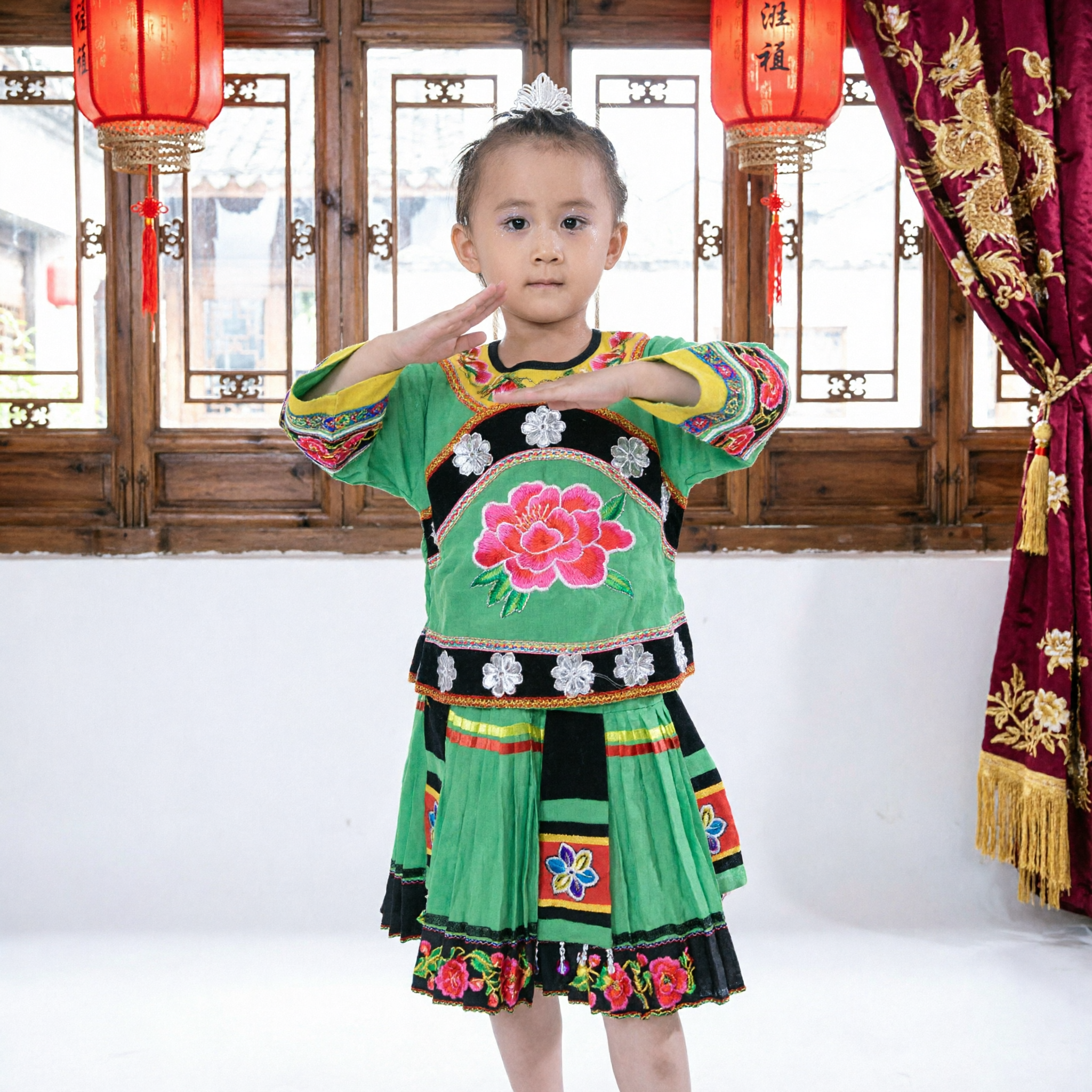 Traditional Chinese Miao Ethnic Green Embroidered Costume for Girls Kids Dance Performance Stage Wear - Asian Costume