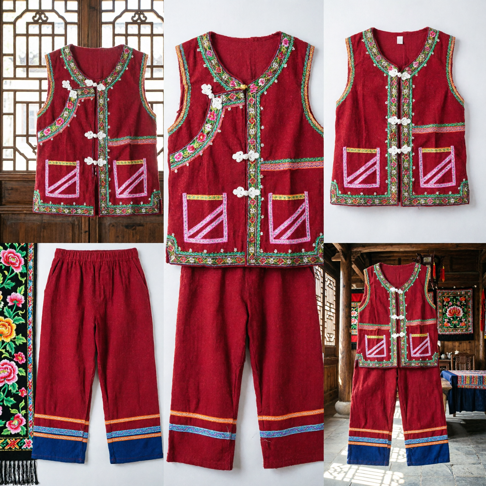 Traditionelles chinesisches Rotes Volkstanz-Kostüm Bestickte Weste und Hose Set für Yangge und Taistentrommel Auftritt - Asian Costume