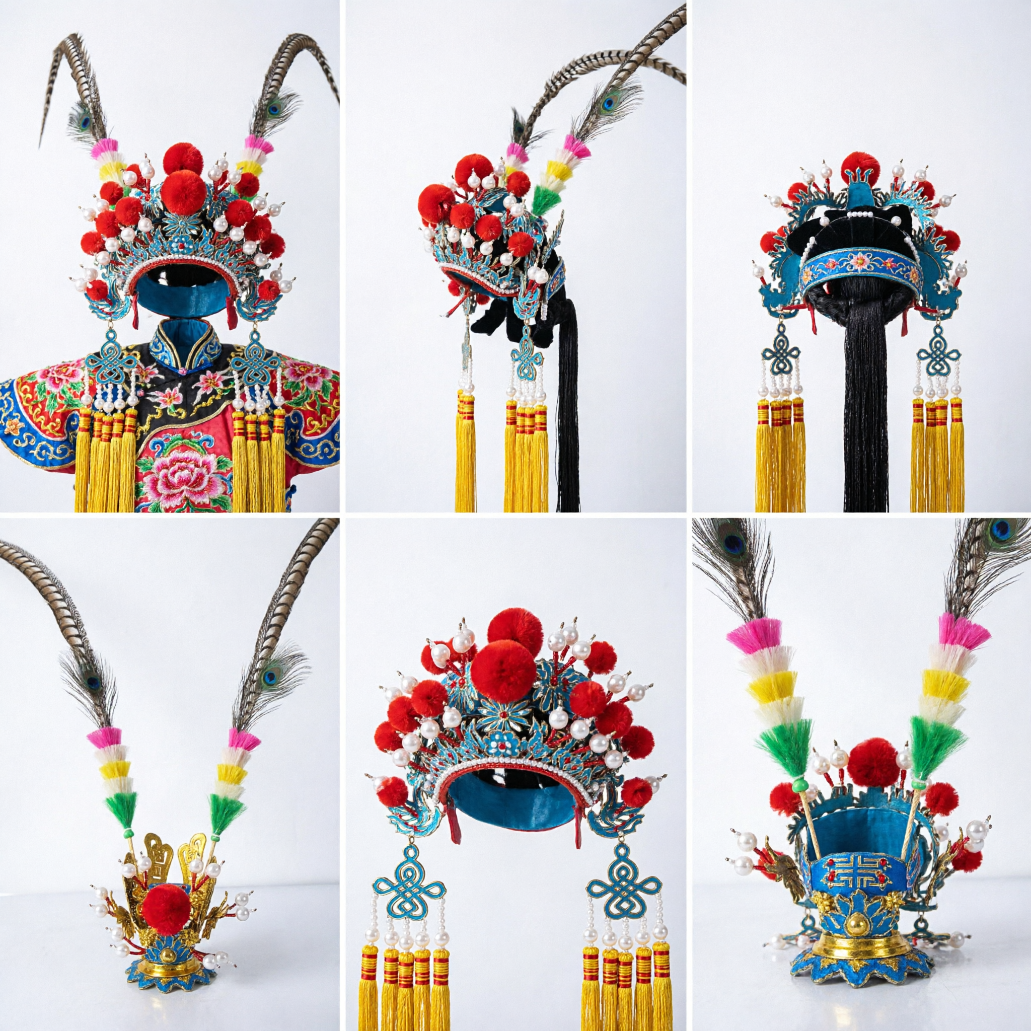 Elmo da generale dell'opera cinese tradizionale con lunghe piume di fagiano (Lingzi) per costumi da performance sul palco - Asian Costume