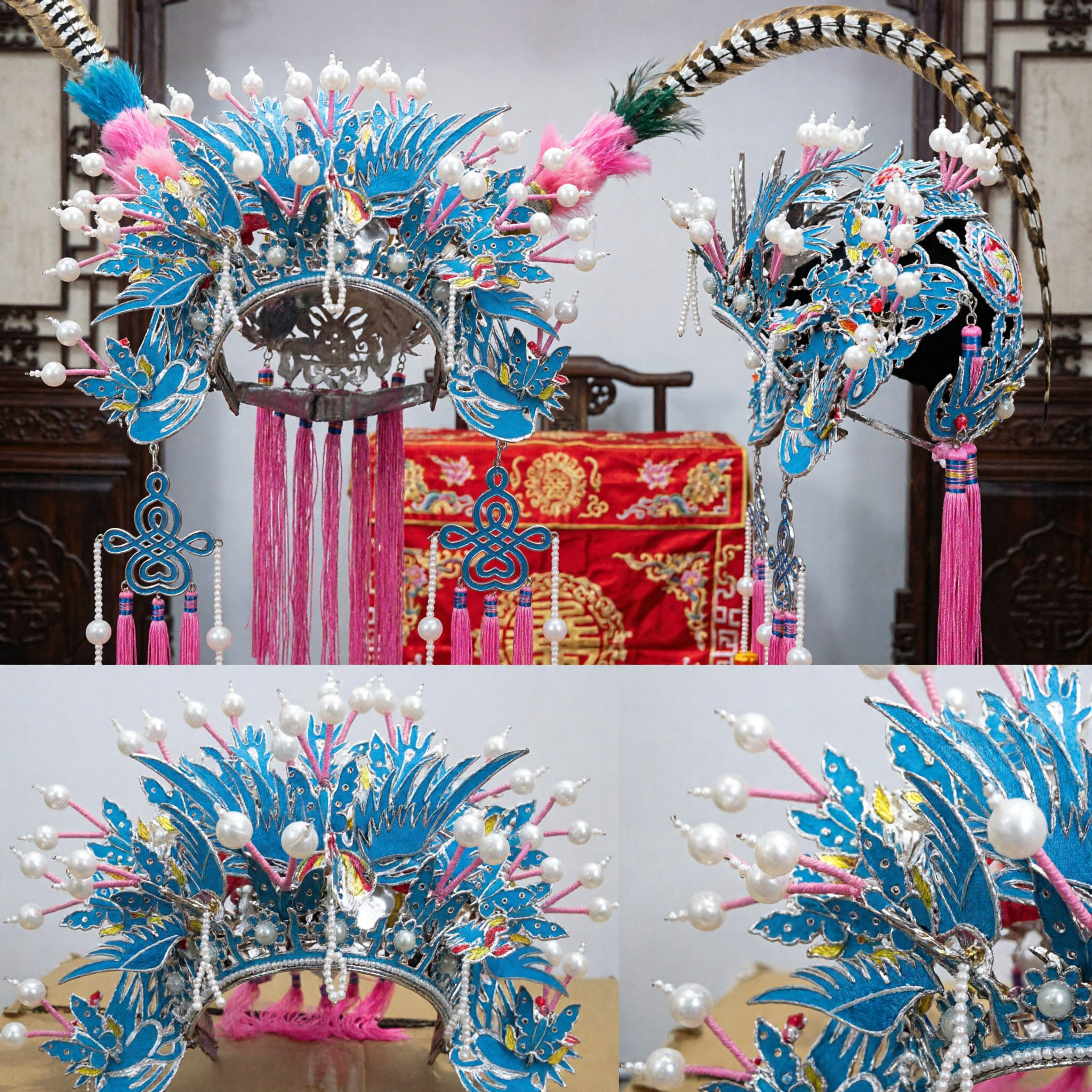 Couronne de Phénix d'Opéra Chinois Traditionnel avec Perles et Glands Bleue pour Costume de Scène pour Femmes - Asian Costume