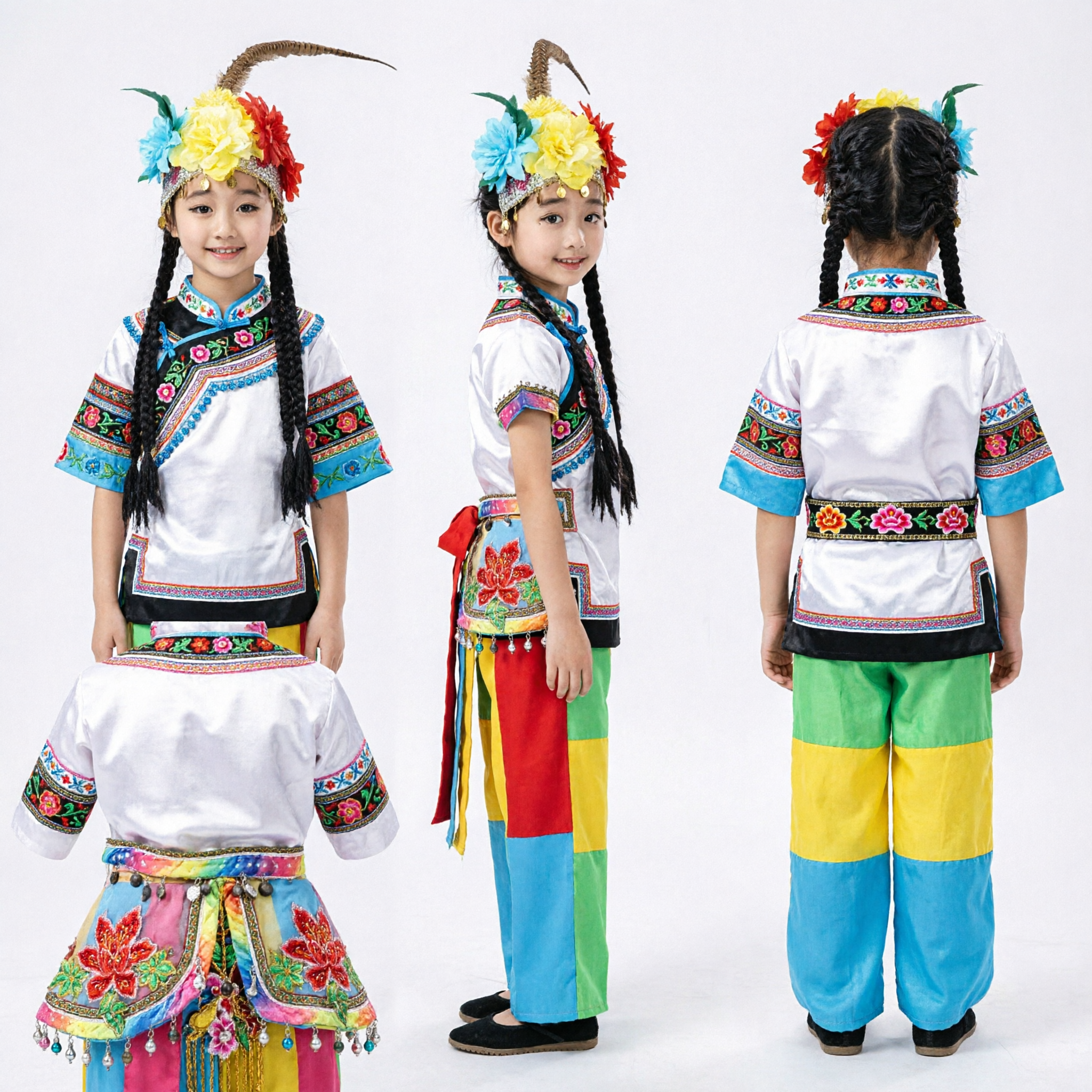 Traditionelles chinesisches Volkstanzkostüm für Mädchen, ethnische Minderheit Bühnenaufführungskleid mit Fasanenfeder - Asian Costume