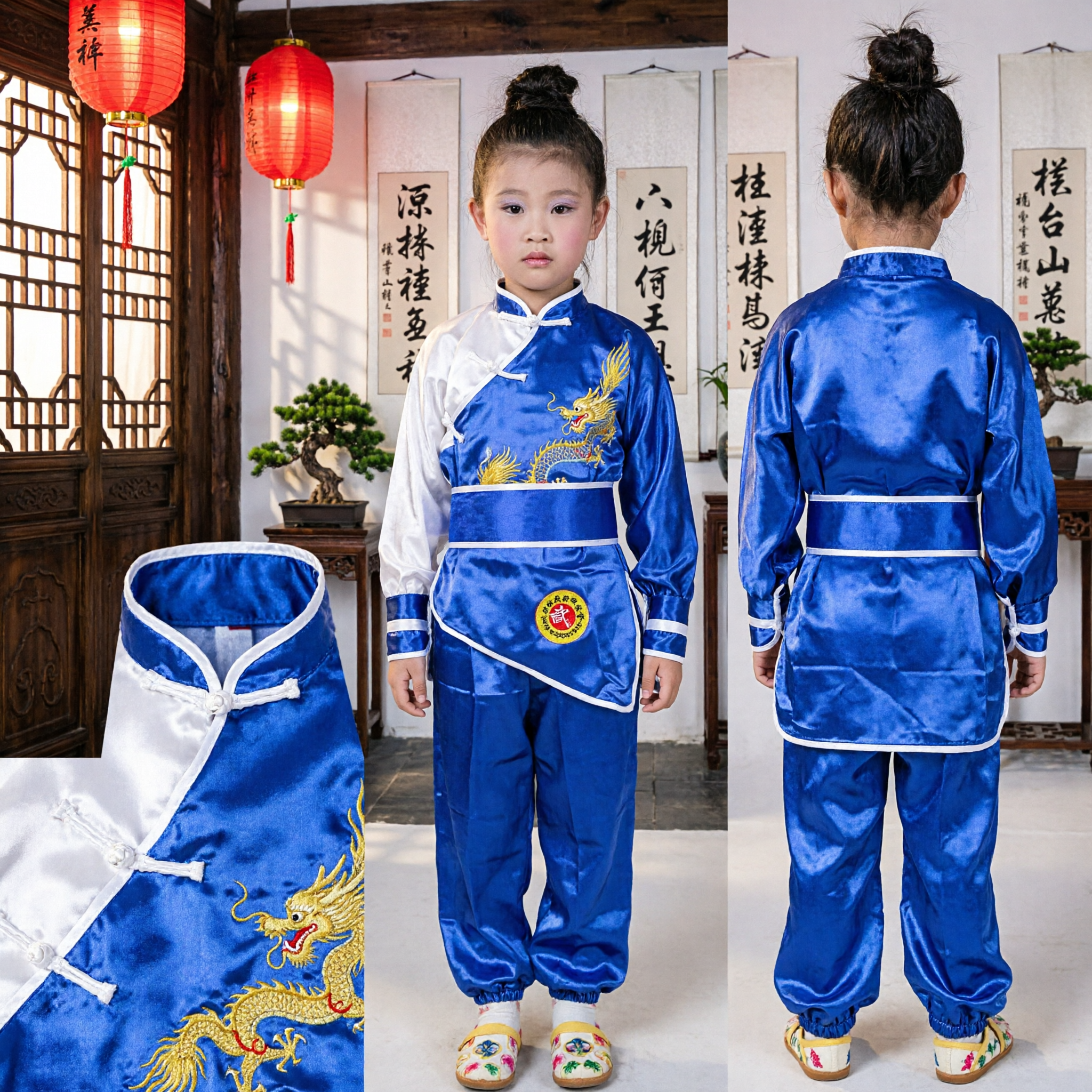 Uniforme de Kung Fu Chinois Traditionnel pour Enfants, Broderie de Dragon Bleu, Costume d'Arts Martiaux Wushu Tai Chi - Asian Costume