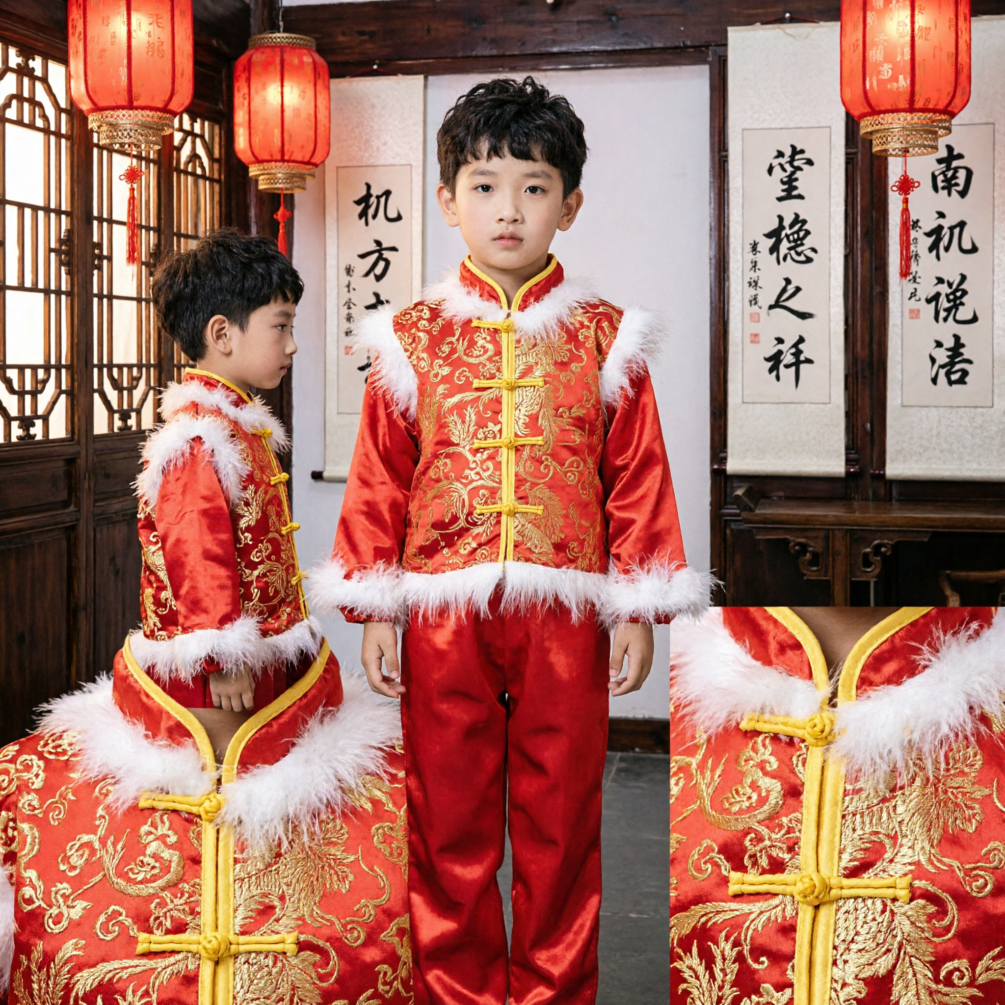 Completo Costume Tradizionale Cinese Tang per Bambini, Rosso con Ricamo del Drago, Invernale per il Festival del Nuovo Anno - Asian Costume