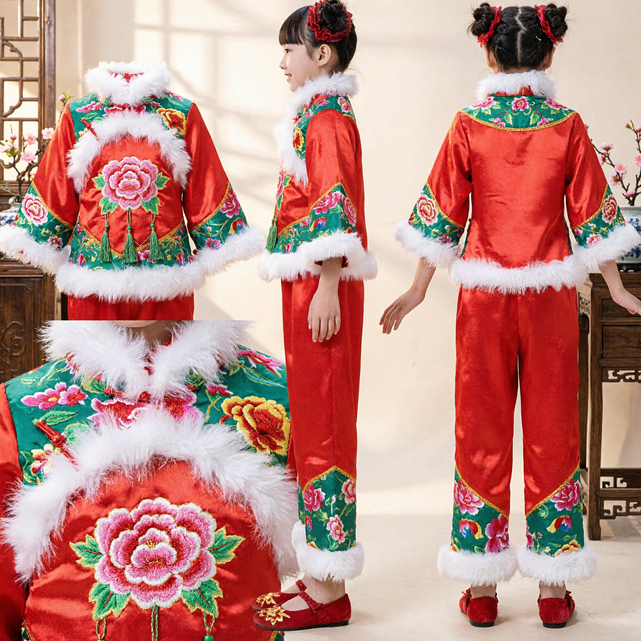 Traditionelle chinesische Neujahrskleidung für Mädchen, roter Tang-Anzug Winter-Pelzbesatz-Kostümset - Asian Costume