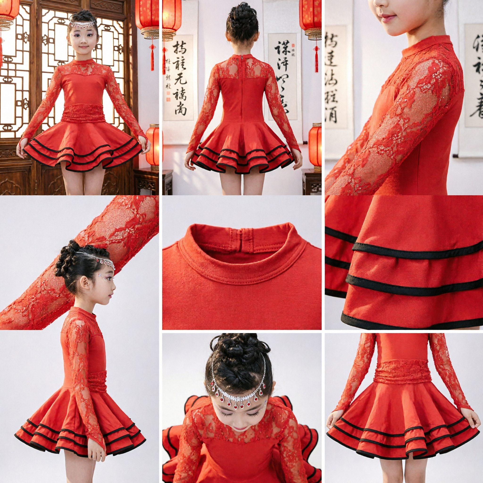 여아용 빨간색 라틴 댄스 드레스 긴 소매 레이스 탑 주름 스커트 공연 의상 - Asian Costume