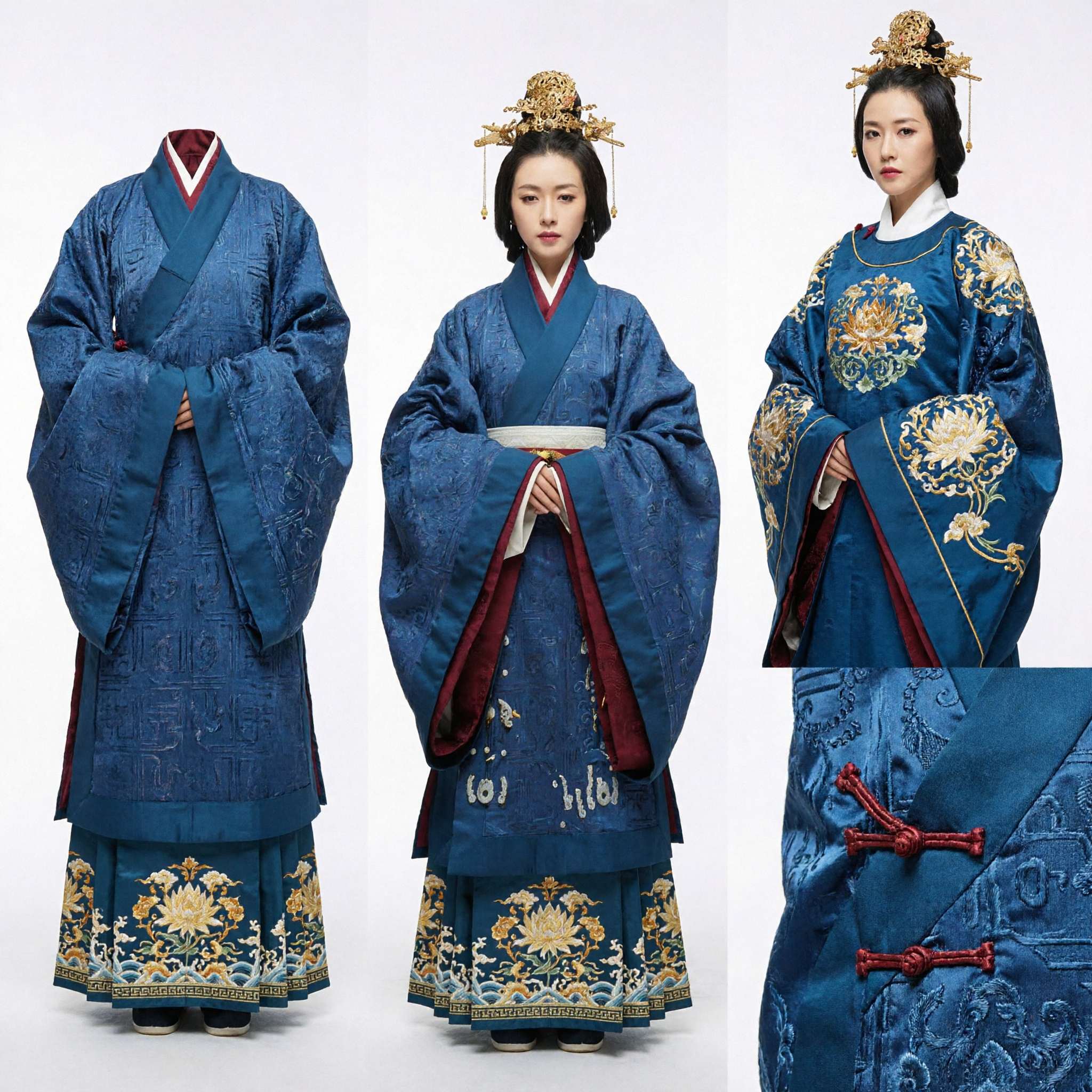 Oud Chinees Hanfu Kostuum Blauw Paleisgewaad en Gouden Kroon Traditioneel Historisch Drama Keizerin Outfit voor Vrouwen - Asian Costume