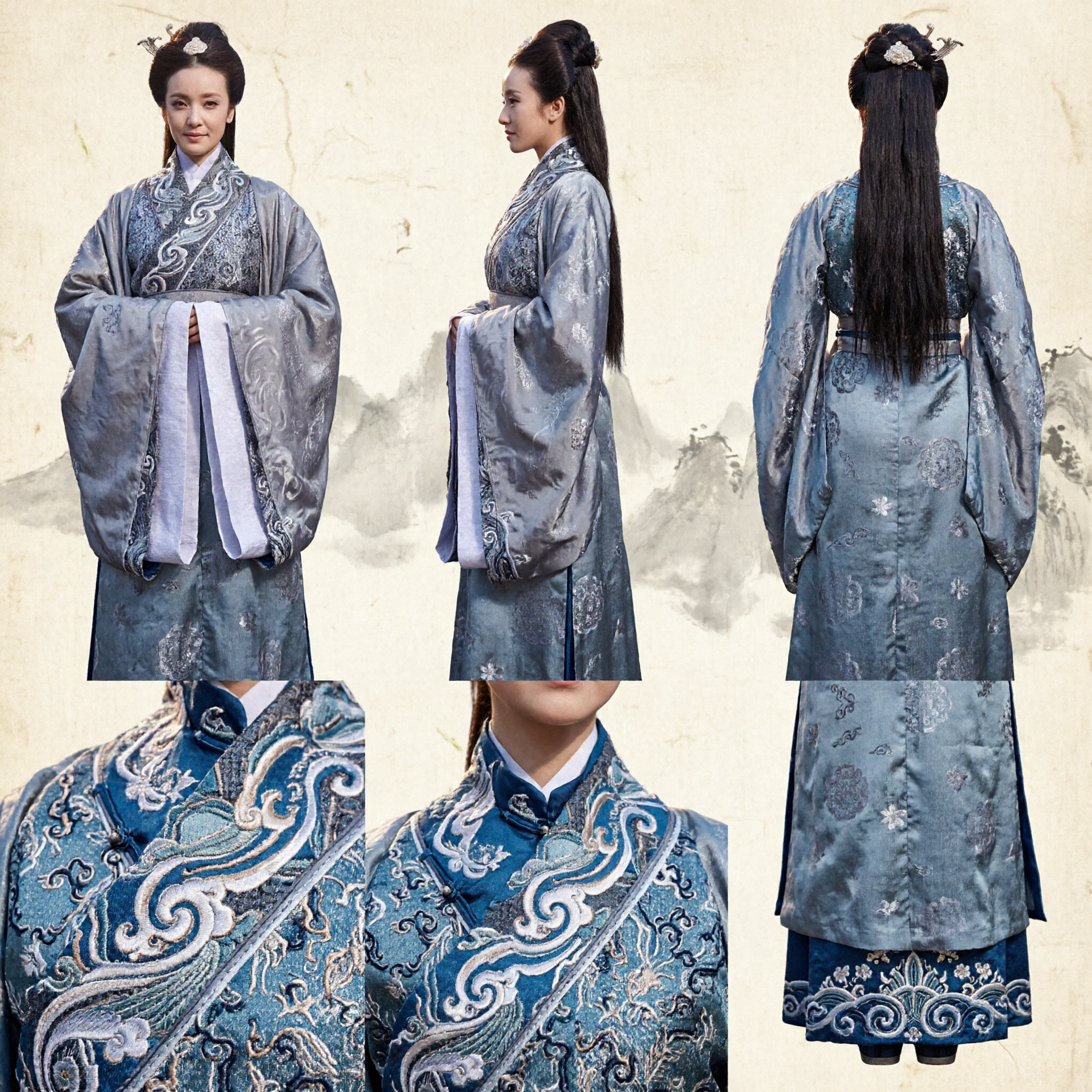 우아한 은회색 고대 중국 한푸 의상 전통 자수 예복 여성 코스프레 공연 - Asian Costume