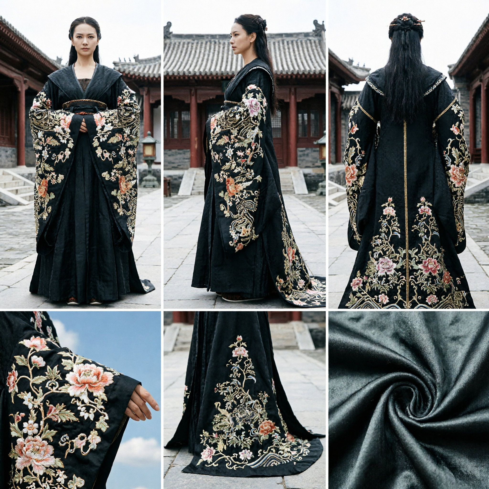 Men's Ancient Chinese Black Hanfu Robe with Gold Embroidery Traditional Costume for Wuxia Cosplay - Asian Costume