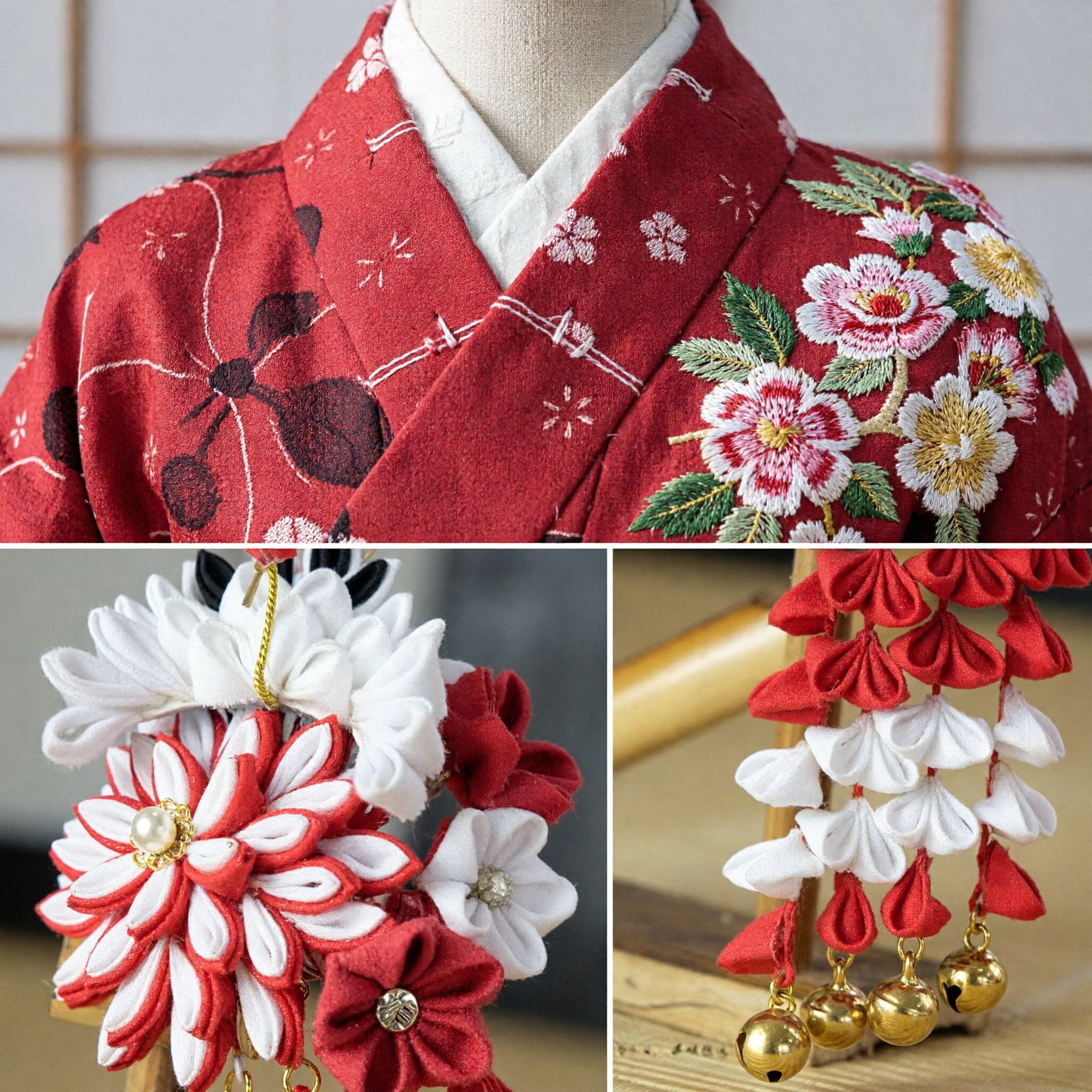 Hairpin de Flor de Tecido Tradicional Chinês Vermelho e Branco com Guizos Dourados e Borla, Acessório de Cabelo Hanfu para Casamento - Asian Costume