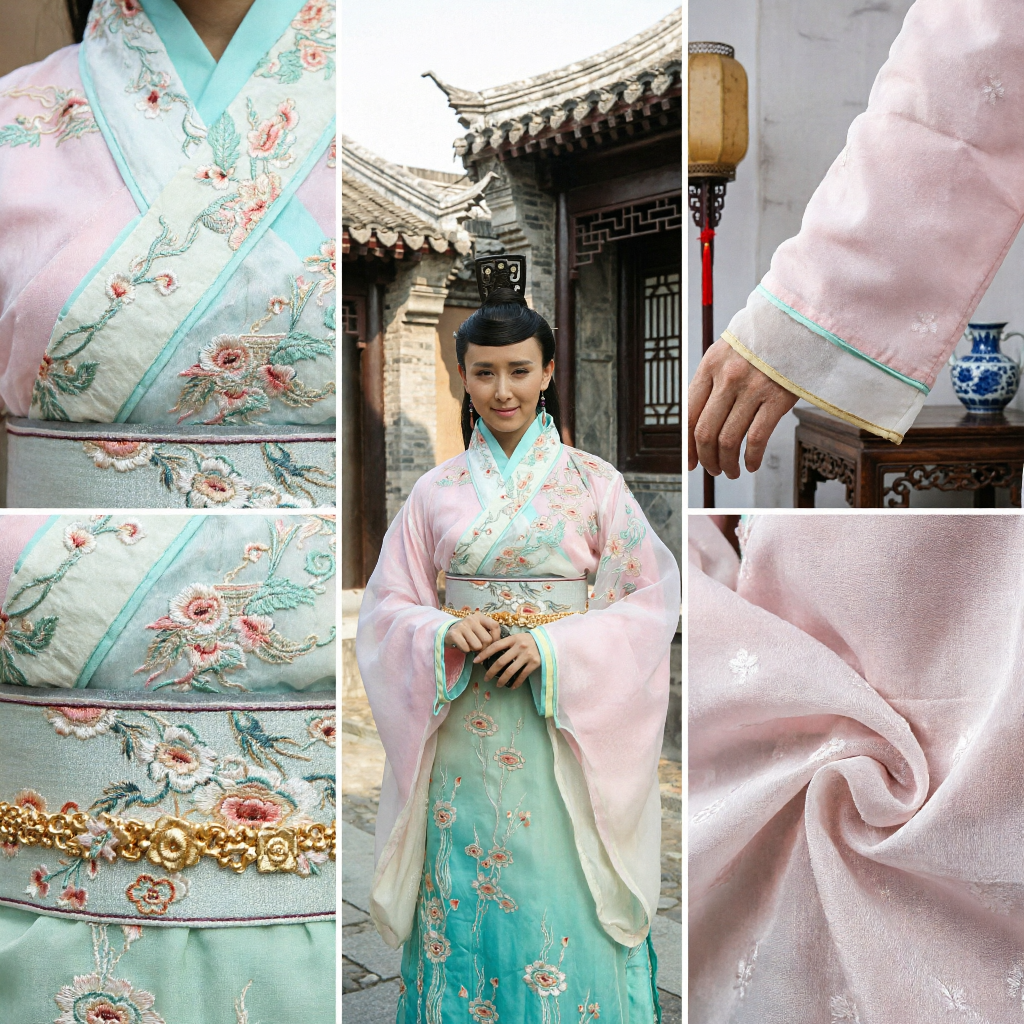 Costume Hanfu Tradizionale Cinese Abito da Principessa Antica, Ricamo Floreale Rosa e Verde per Donne - Asian Costume