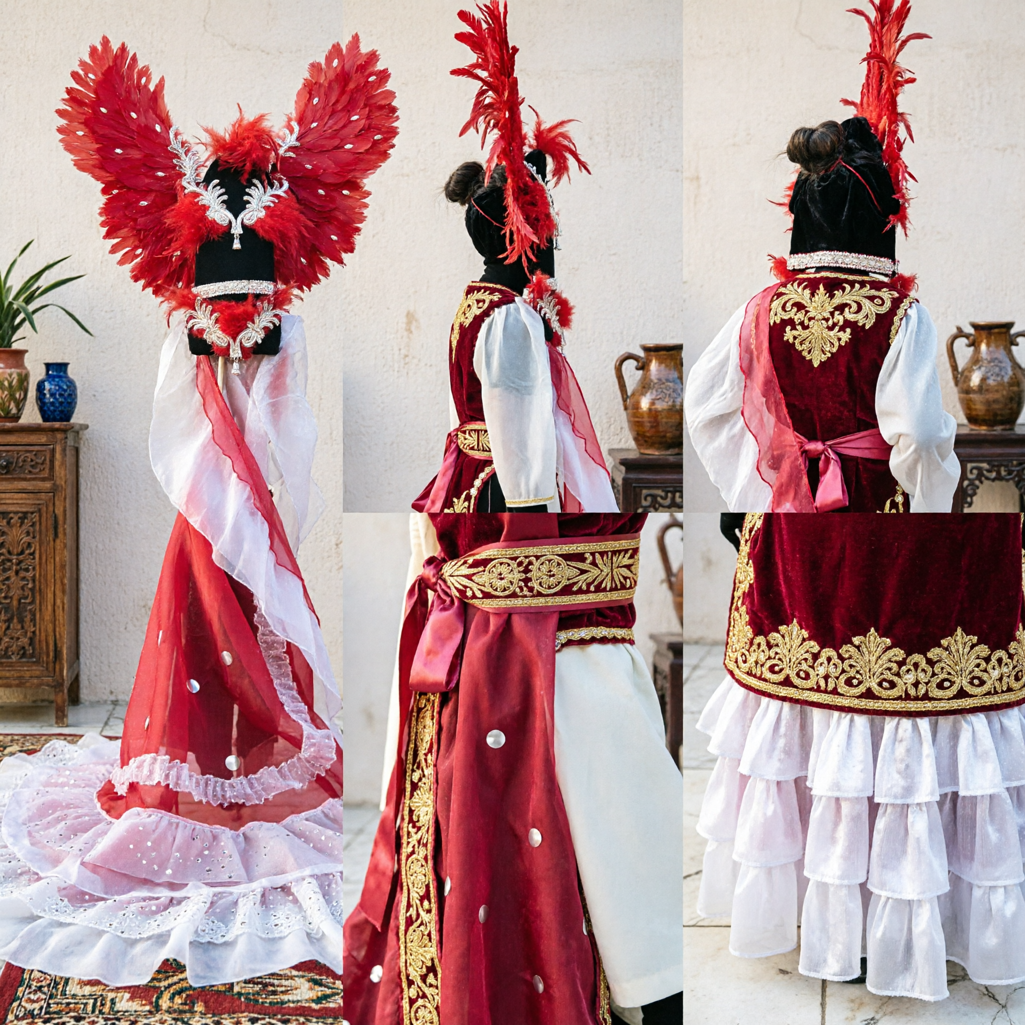Costume Danza Folkloristica Cinese Tradizionale, Copricapo Piume Rosse con Nastro Lungo e Gonna con Paillettes per Spettacoli sul Palco - Asian Costume