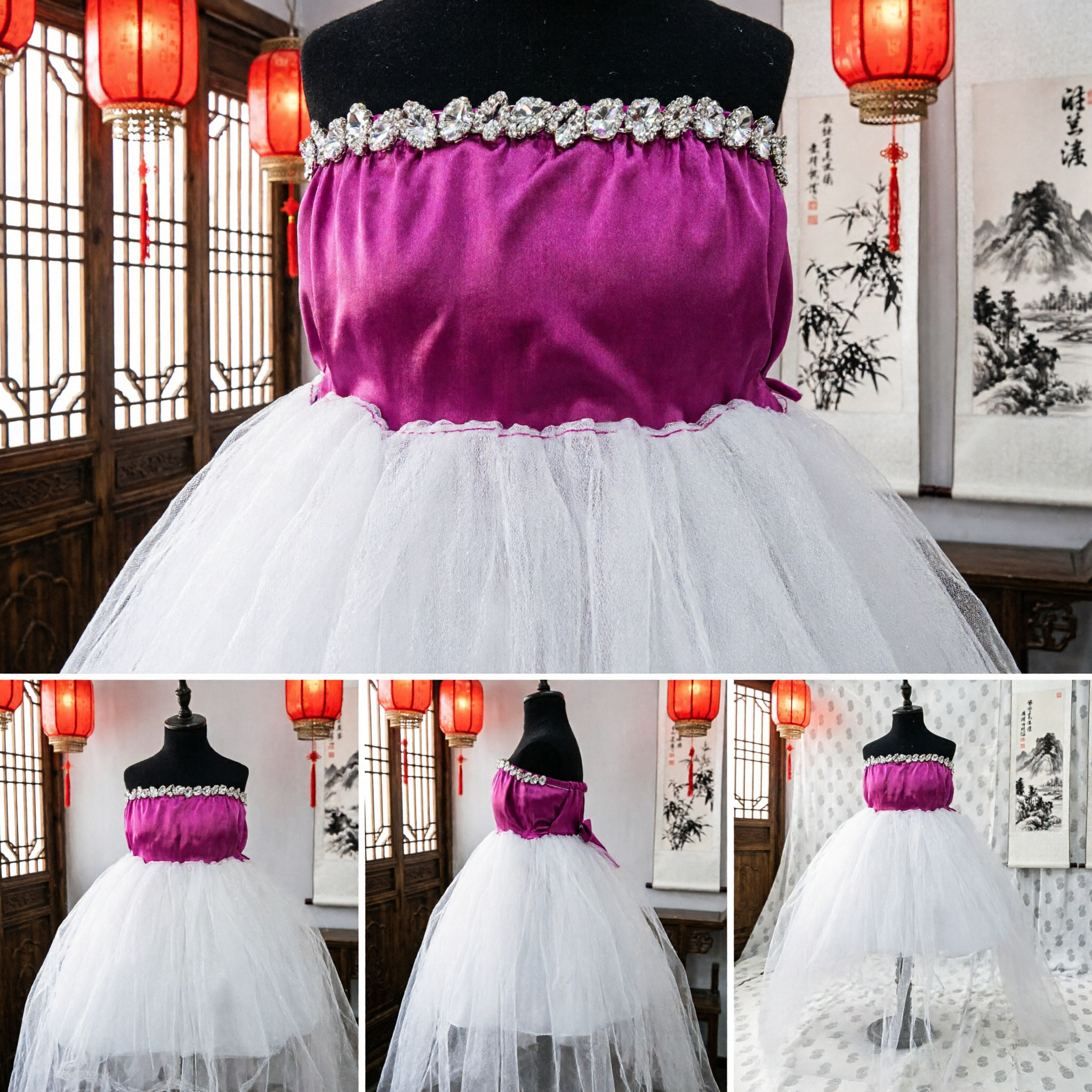 Abito Damigella Rosa e Bianco per Bambine con Gonna in Tulle e Corpetto con Strass per Matrimoni e Concorsi - Asian Costume