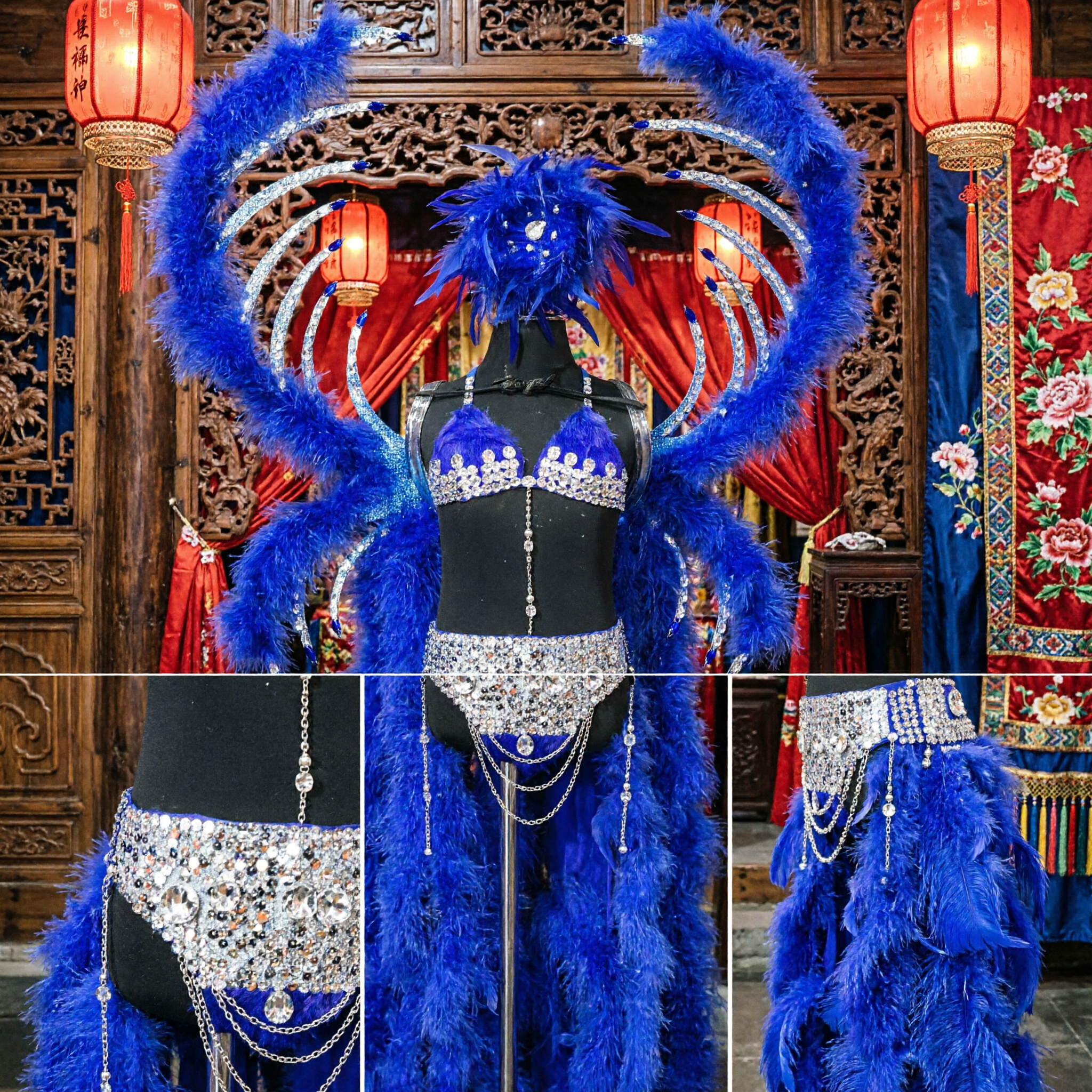 Traje de Carnaval Samba Azul Real con Grandes Alas de Plumas y Bikini de Cristal para Presentaciones de Danza para Mujeres - Asian Costume