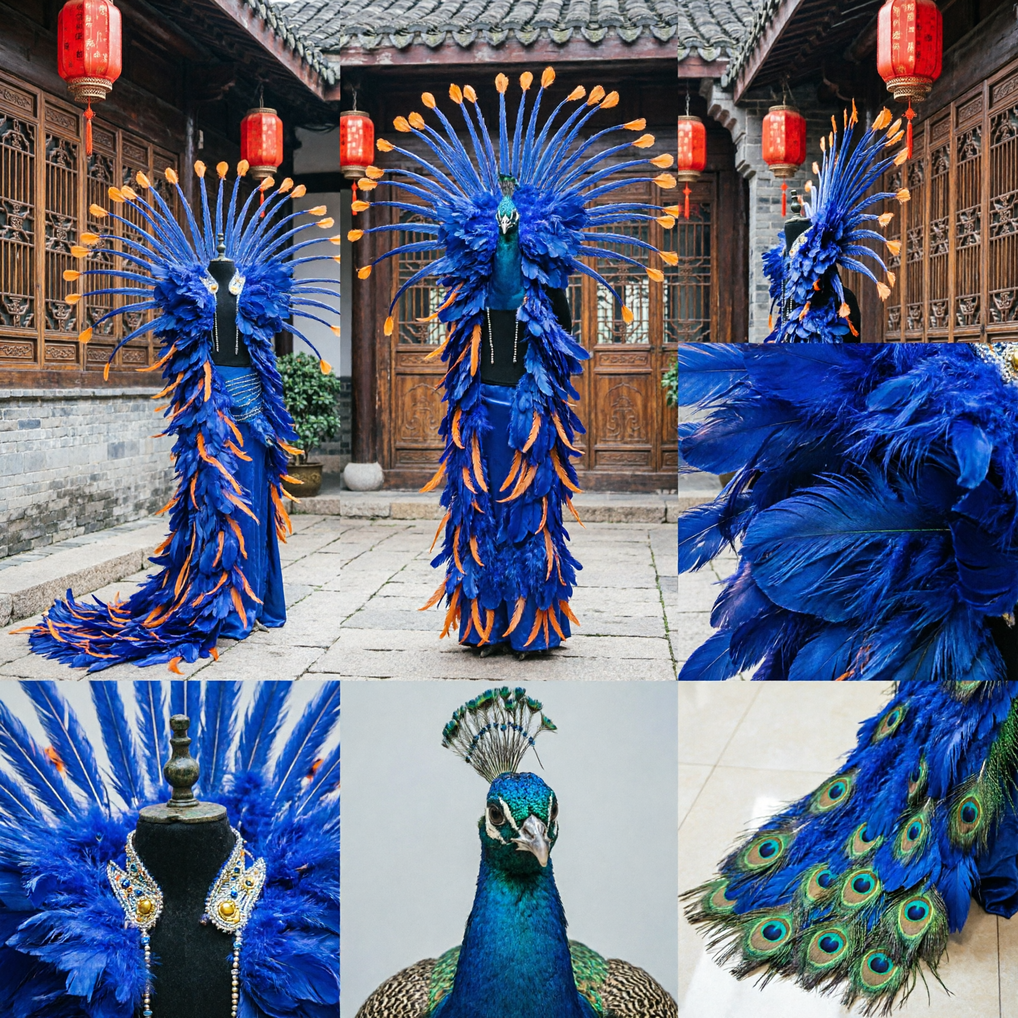 Fantasia de Showgirl com Penas de Pavão Azul Royal e Laranja e Grande Toucado para Performance de Carnaval no Palco - Asian Costume