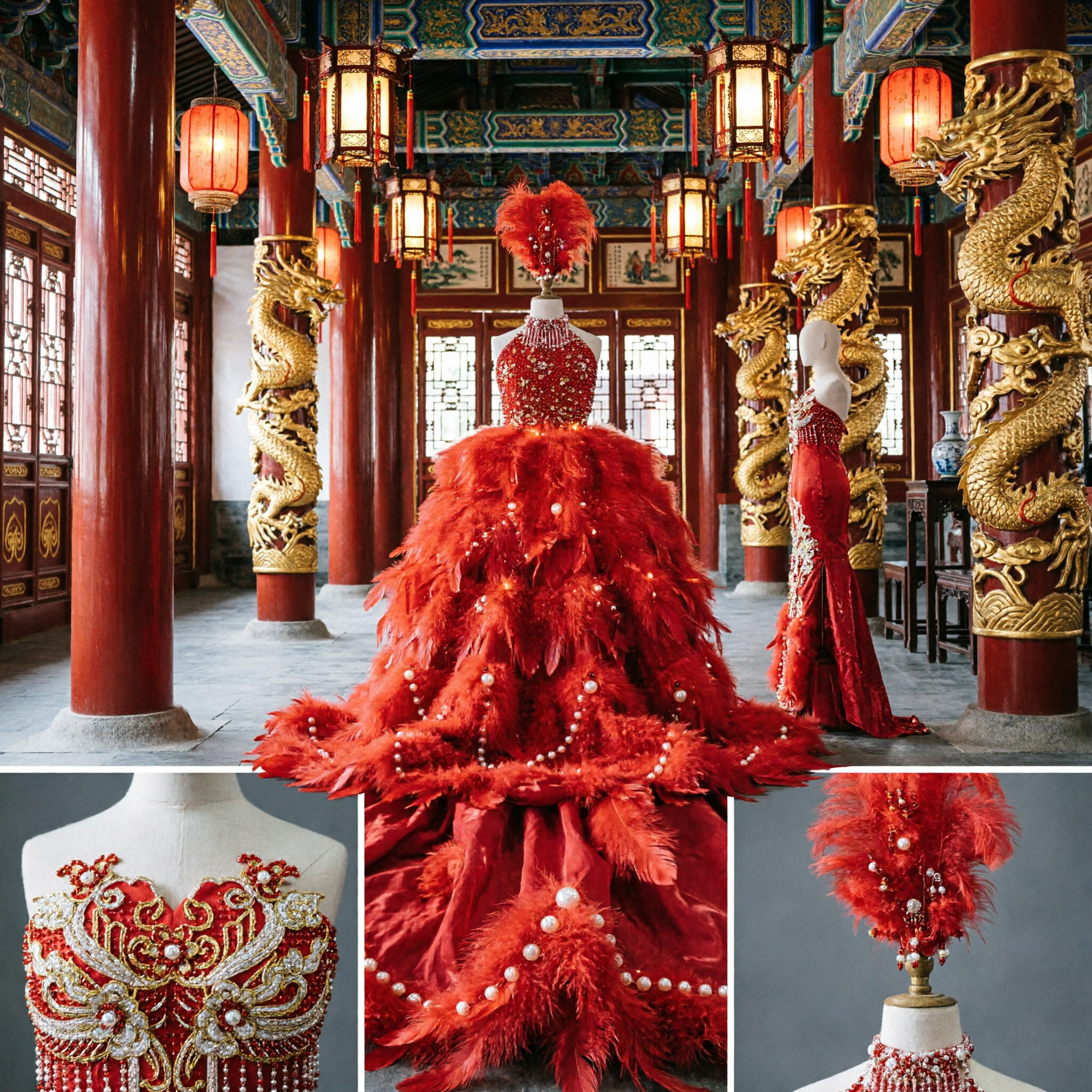 Vestido de Performance no Palco com Luzes LED para Meninas, Corpete de Lantejoulas, Saia de Tule e Toucado com Penas - Asian Costume