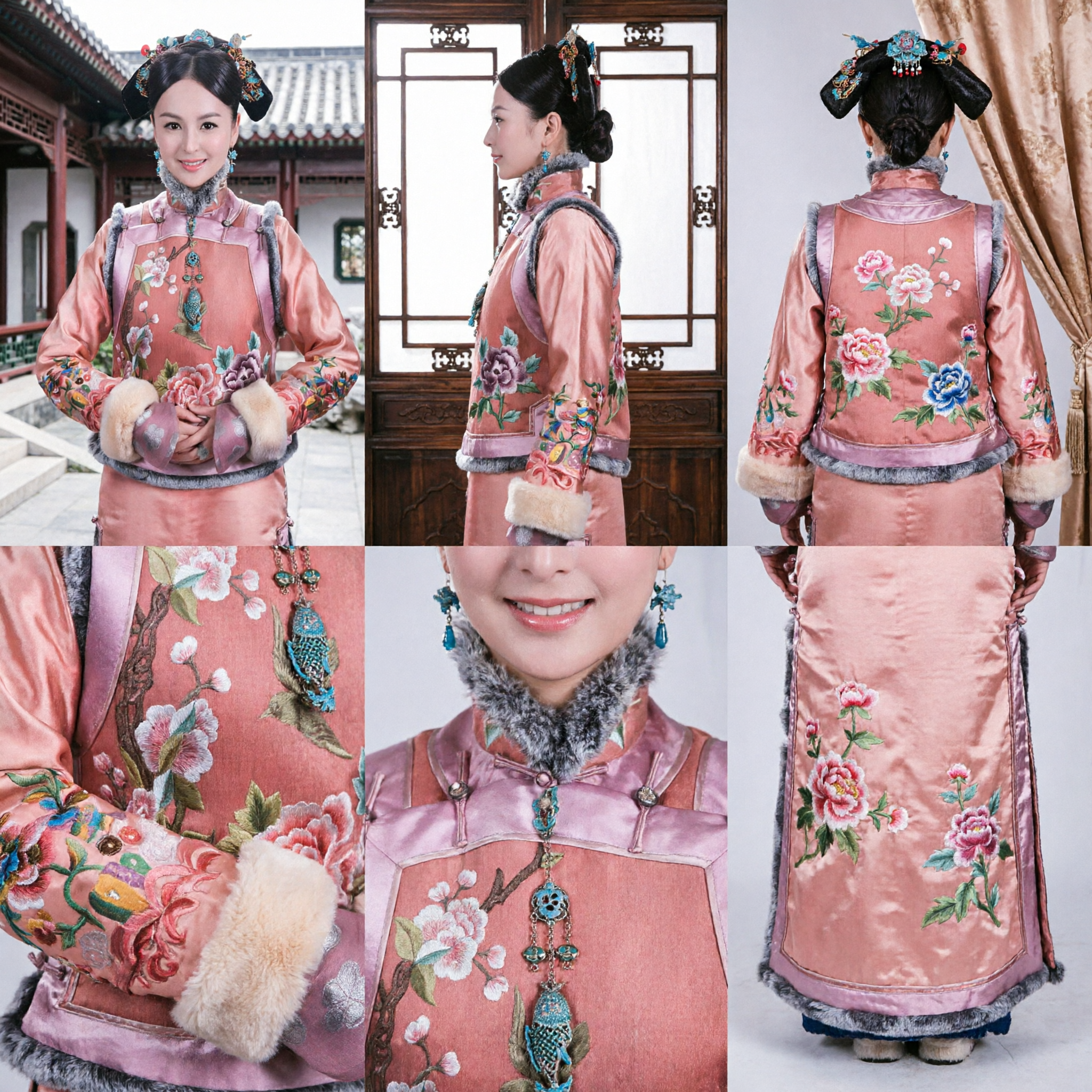 Costume tradizionale cinese della dinastia Qing per Principessa, veste ricamata floreale rosa con bordi in pelliccia per cosplay femminile - Asian Costume