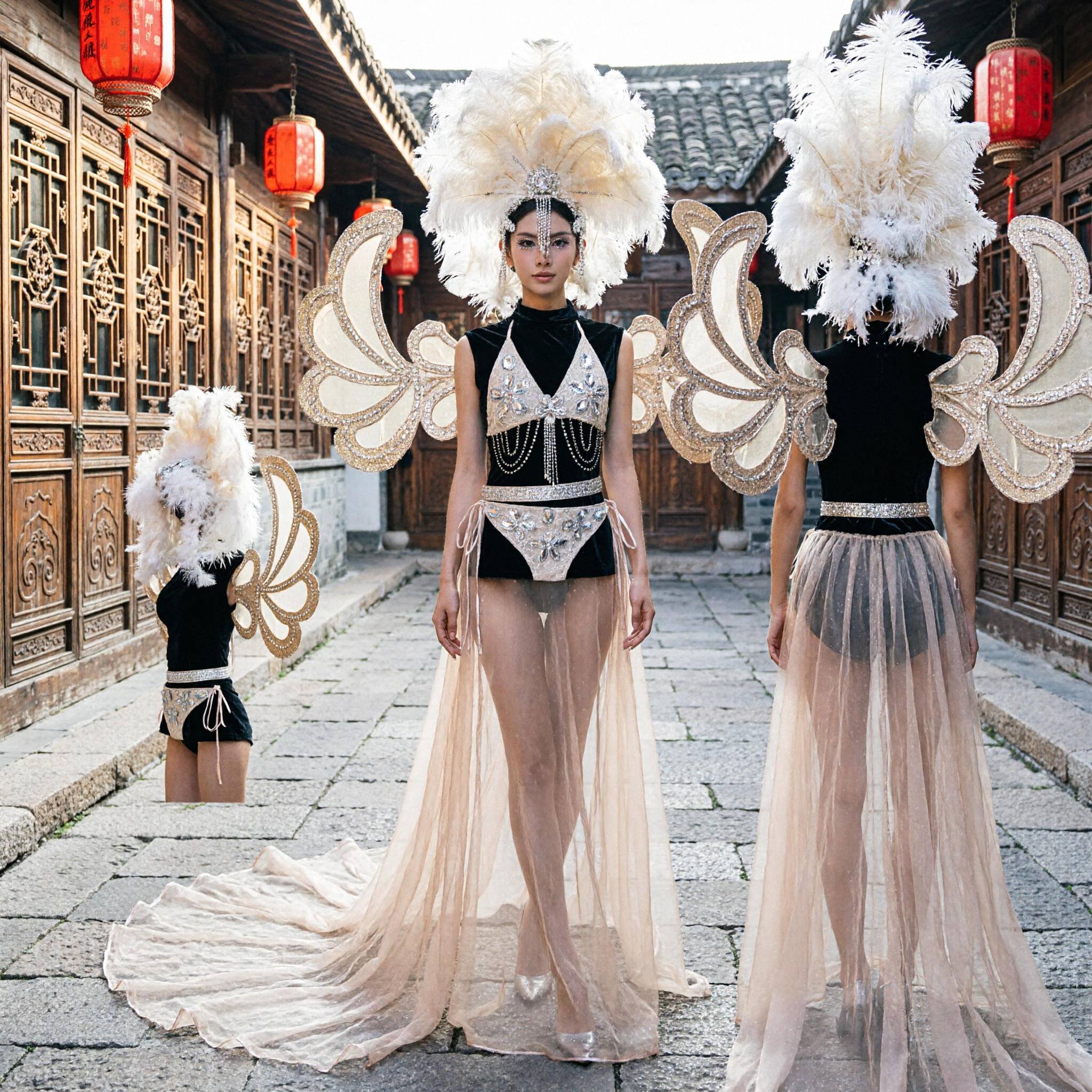 Traje Profissional de Showgirl de Samba para Carnaval para Mulheres - com Tocado de Penas, Asas e Saia Longa de Tule para Palco - Asian Costume