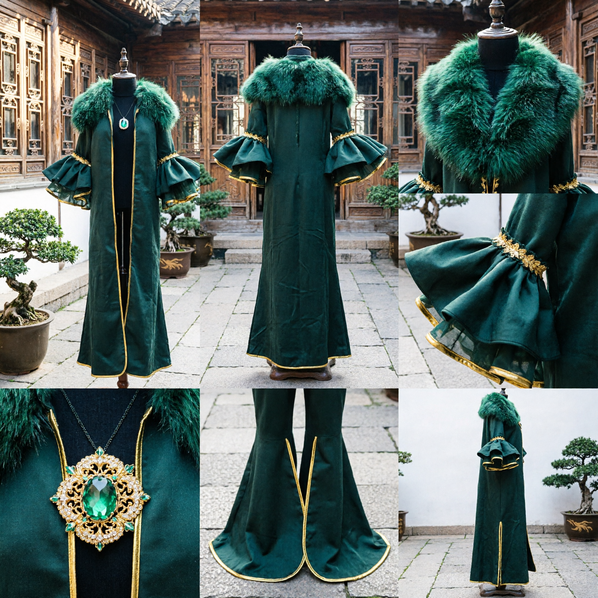 Veste da mago verde scuro con collo in pelliccia e rifiniture dorate, costume fantasy per cosplay maschile per Halloween - Asian Costume