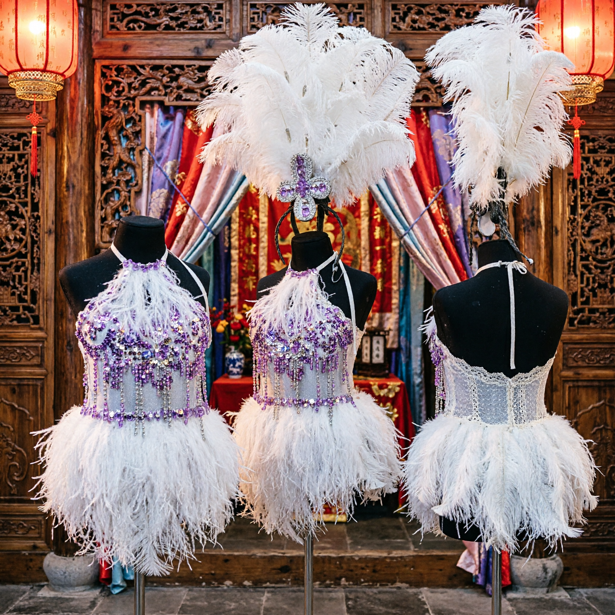 Conjunto de Tocado de Penas Brancas e Corpete com Lantejoulas para Adultas - para Performance de Carnaval/Samba no Palco - Asian Costume