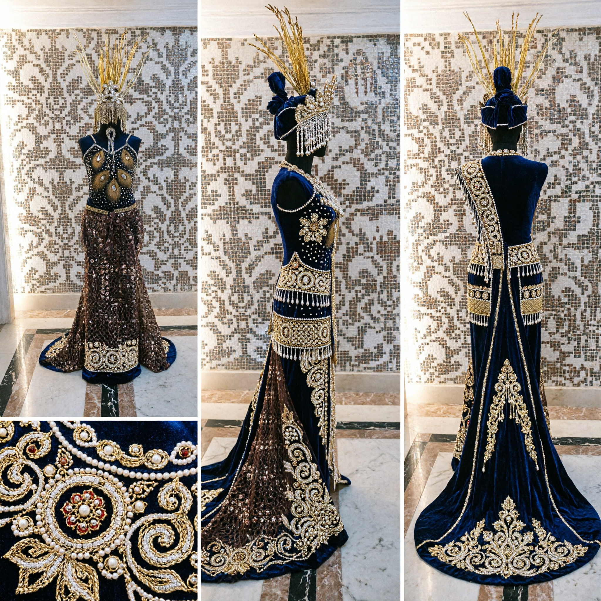 Traje Feminino de Samba para Carnaval Preto e Dourado com Lantejoulas e Tocado de Penas - para Dança Latina e Performance no Palco - Asian Costume