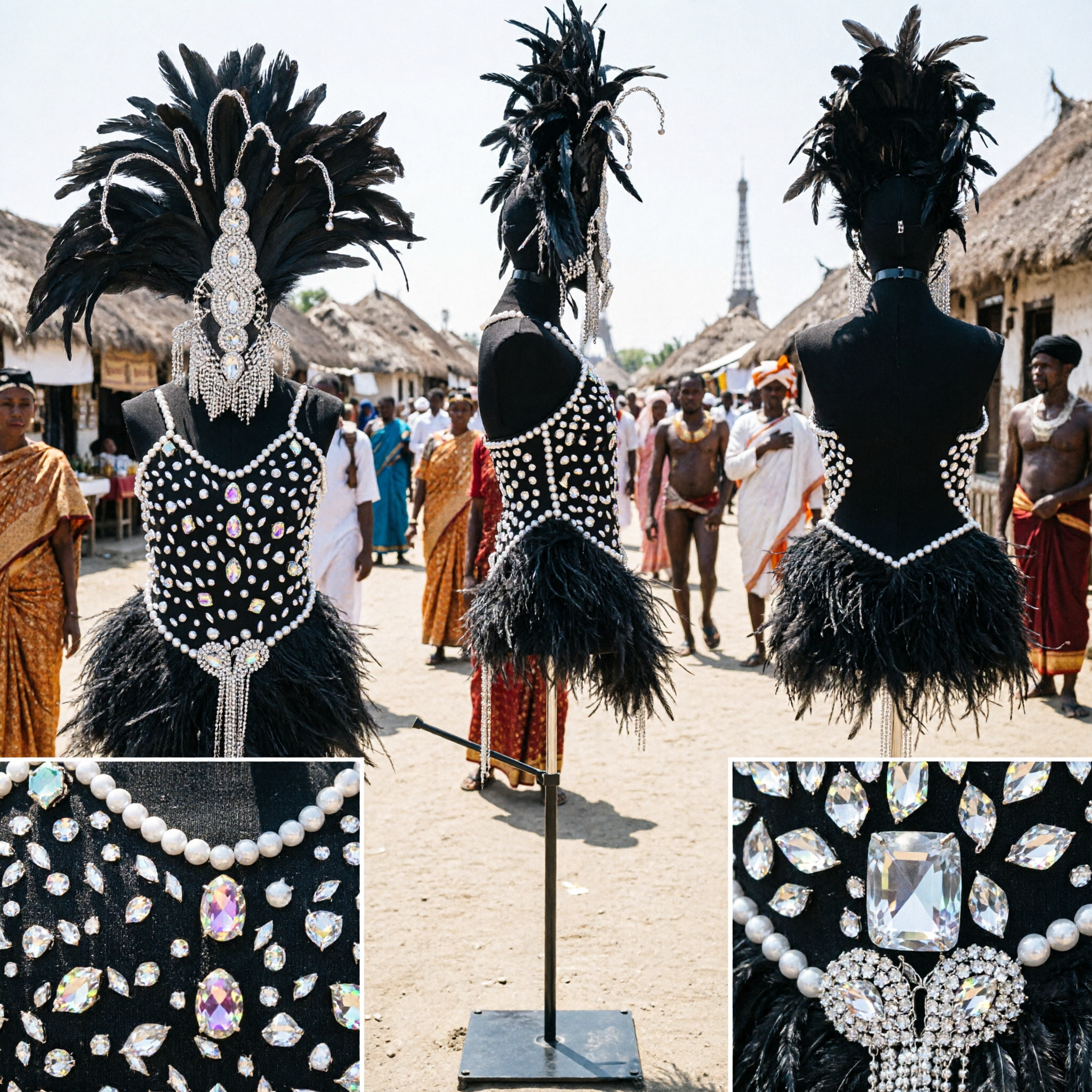 Set copricapo di piume nere e corpetto con strass per donne, per performance da showgirl Samba Carnival sul palco - Asian Costume