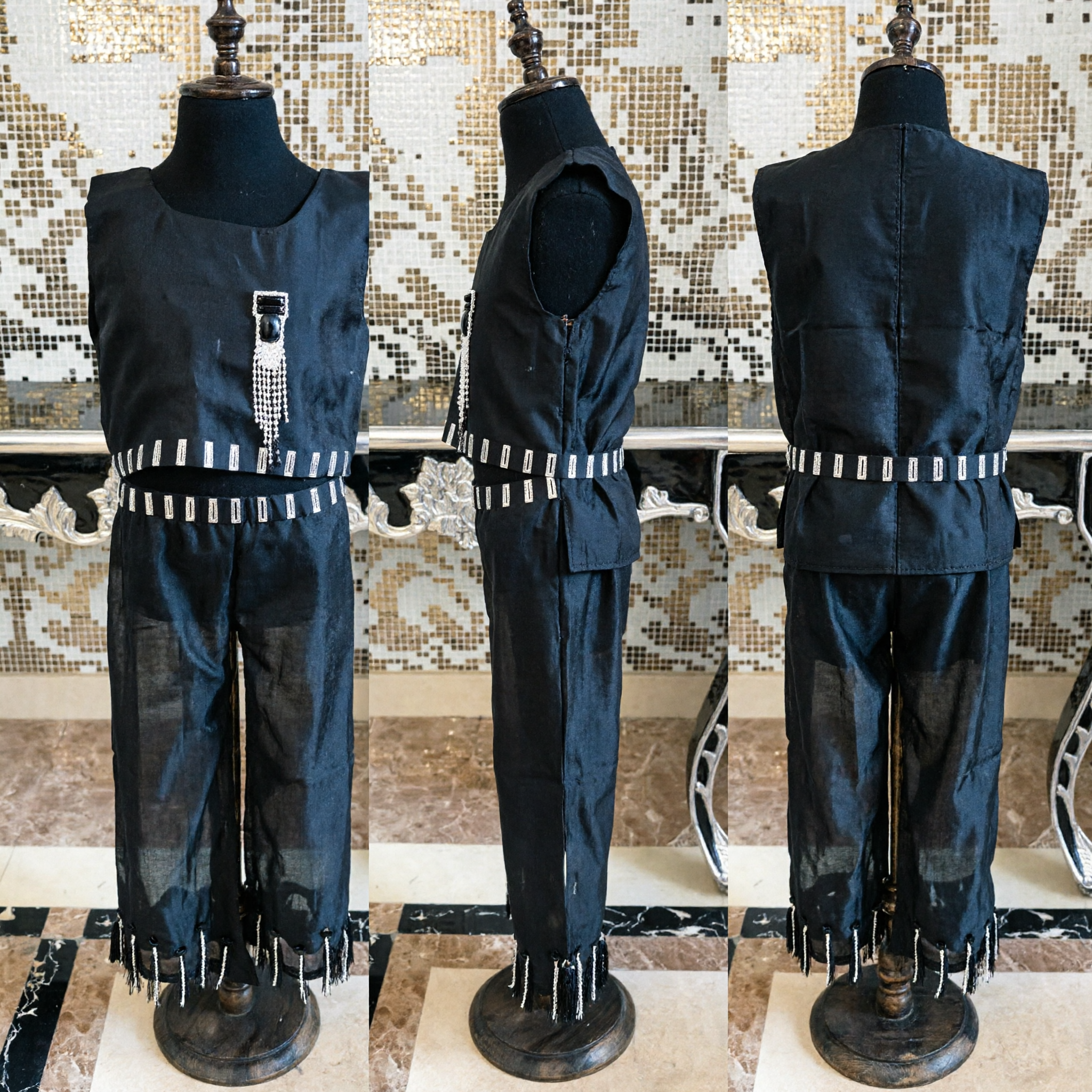 Set costume tradizionale cinese maschile nero senza maniche, completo da servo/cameriere antico per performance sul palco - Asian Costume