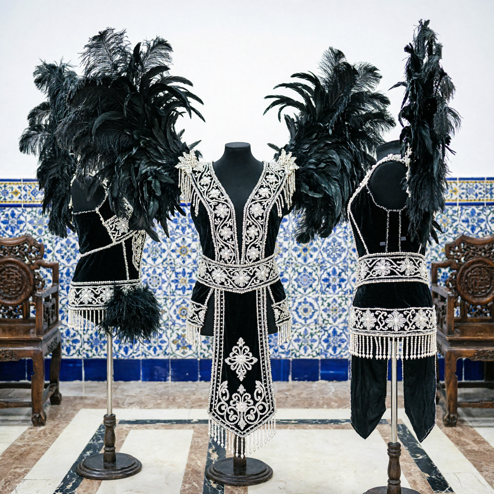 Professioneel Zwarte Struisvogelveren Rugstuk Hoofdtooi met Kristallen voor Carnaval Samba Showgirl Podium Optreden - Asian Costume