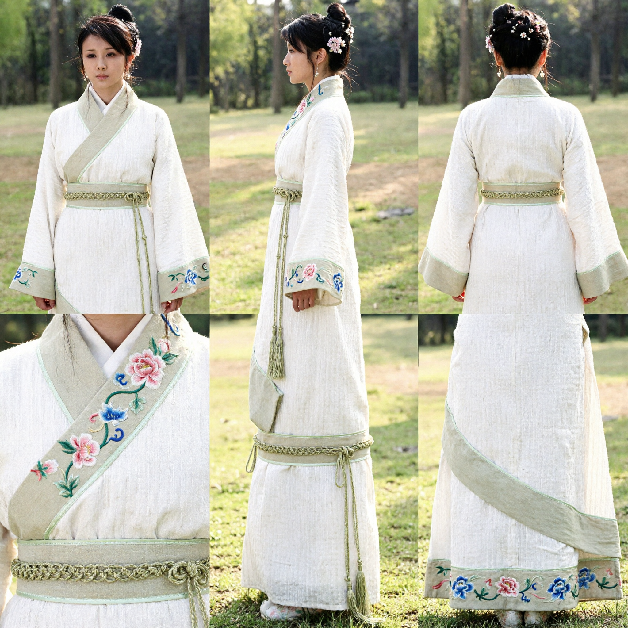 Ancient Chinese Hanfu Traditional Costume White Robe Green Sash Han Dynasty Style Dress for Women - Asian Costume