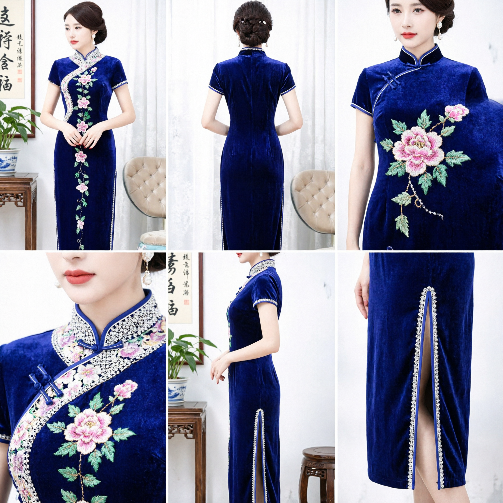 Cheongsam Elegante de Veludo Azul Escuro com Bordado Floral, Vestido Tradicional Chinês Qipao para Mulheres, Casamento e Festa - Asian Costume
