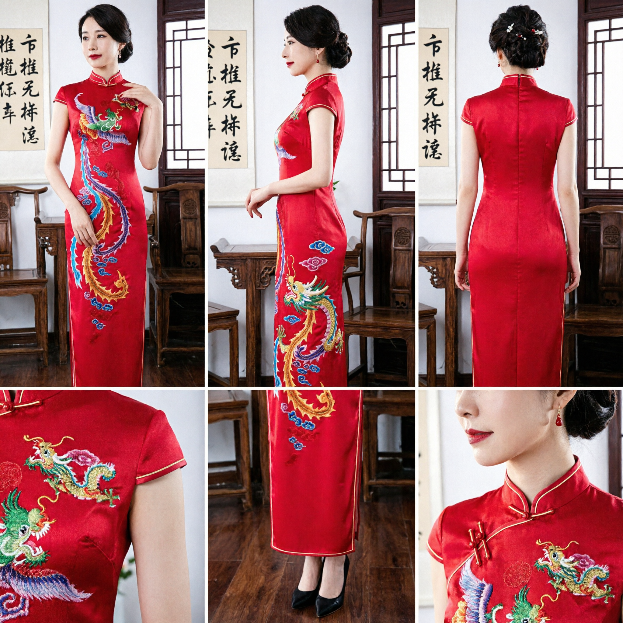 Cheongsam Elegante Vermelho com Bordado de Dragão, Qipao Longo Tradicional Chinês de Seda para Casamento e Festa Noturna - Asian Costume