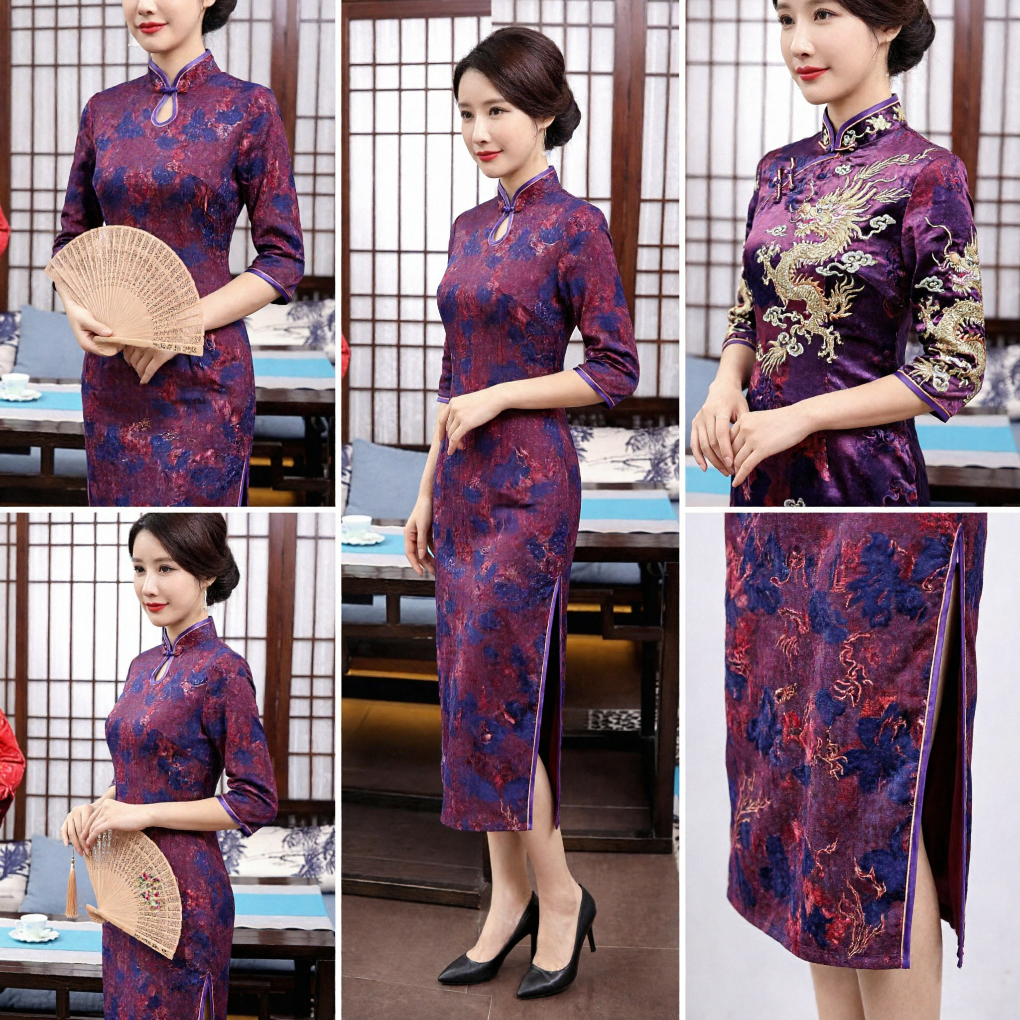 Elegante Qipao Roxo com Estampa Floral, Cheongsam Tradicional Chinês com Colarinho Mandarim para Casamentos e Ocasiões Formais - Asian Costume