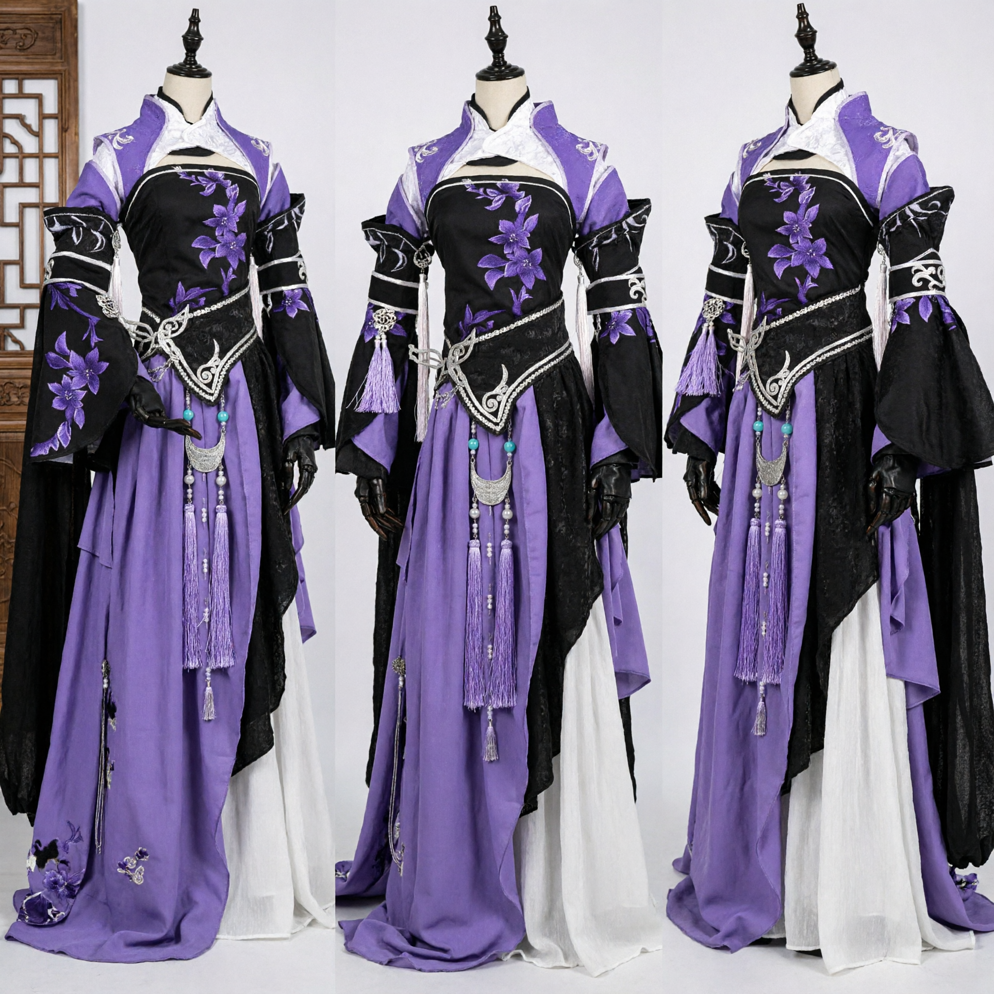 전통 중국 한푸 자주색 검정색 고대 귀부인 의상 자수 무협 코스프레 드레스 여성용 - Asian Costume