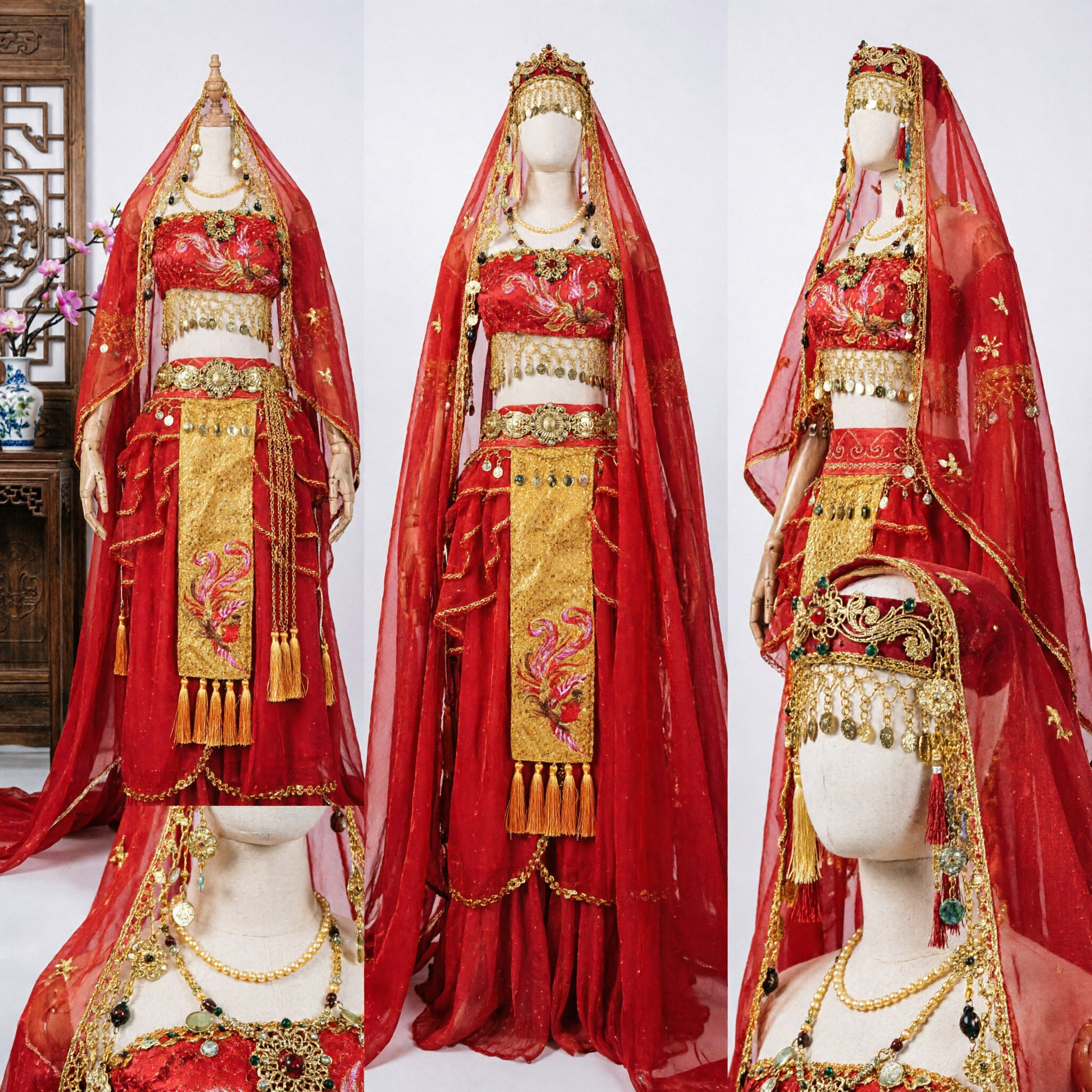 Costume de danse exotique rouge traditionnel pour femmes - Tenue de spectacle sur scène style Bollywood avec voile et bijoux - Asian Costume